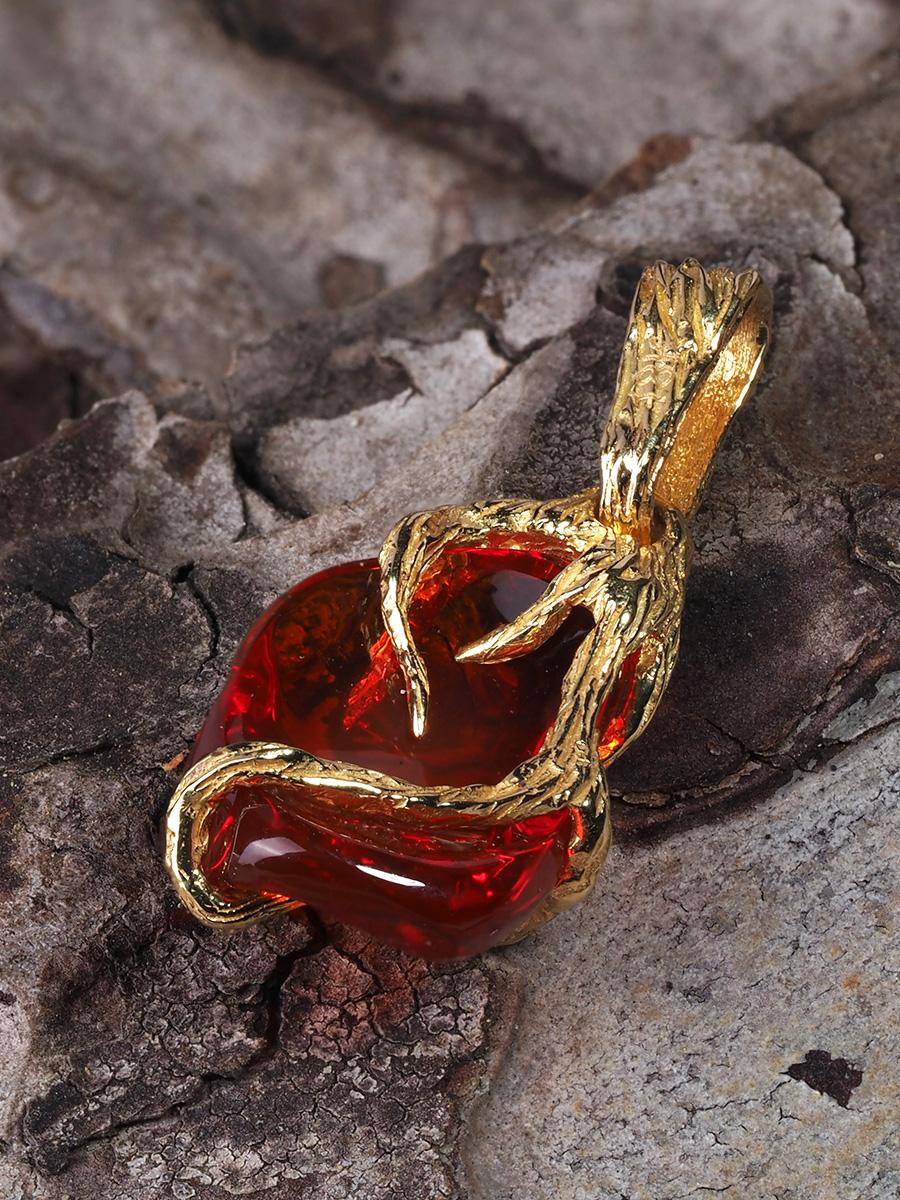 Feueropal 18K Gelbgold Anhänger Feurig Rot Natürlicher Mexikanischer Edelstein Healing Power (Art nouveau)