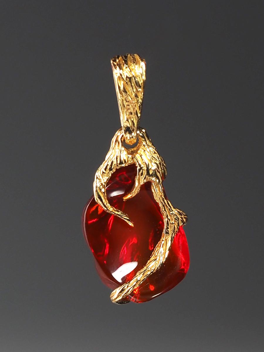 Art Nouveau Fire Opal 18K Yellow Gold Pendant Fiery Red Natural Mexican Gem Healing Power