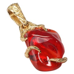 Fire Opal 18K Yellow Gold Pendant Fiery Red Natural Mexican Gem Healing Power