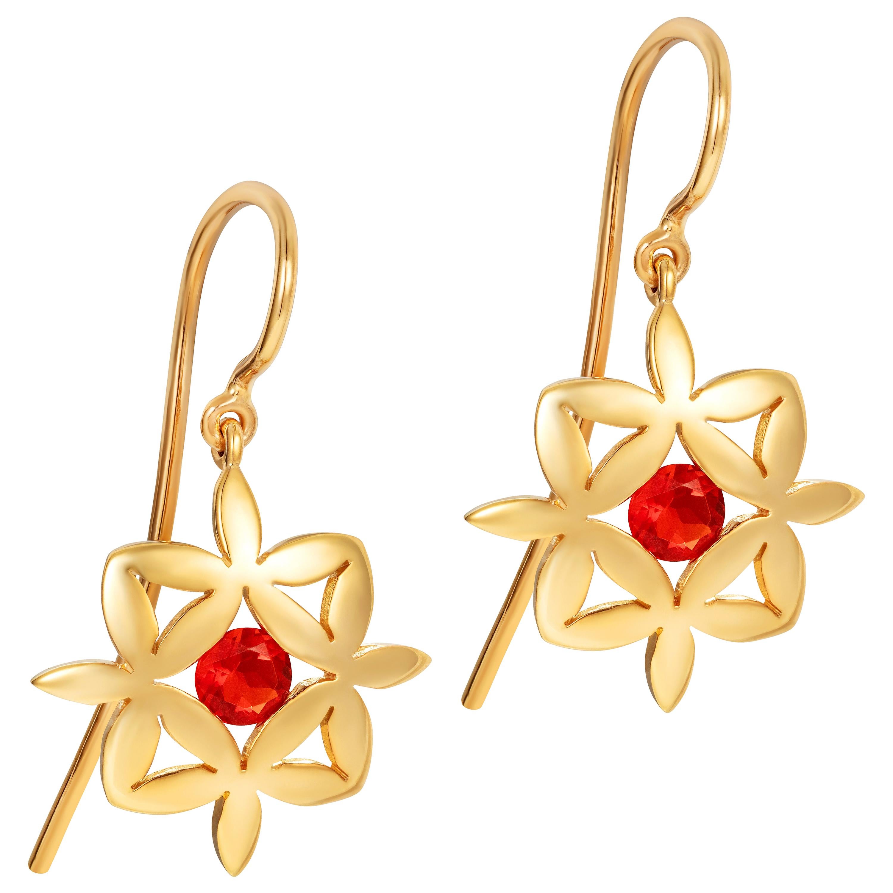 Fire Opal 9 Karat Yellow Gold Earrings For Sale
