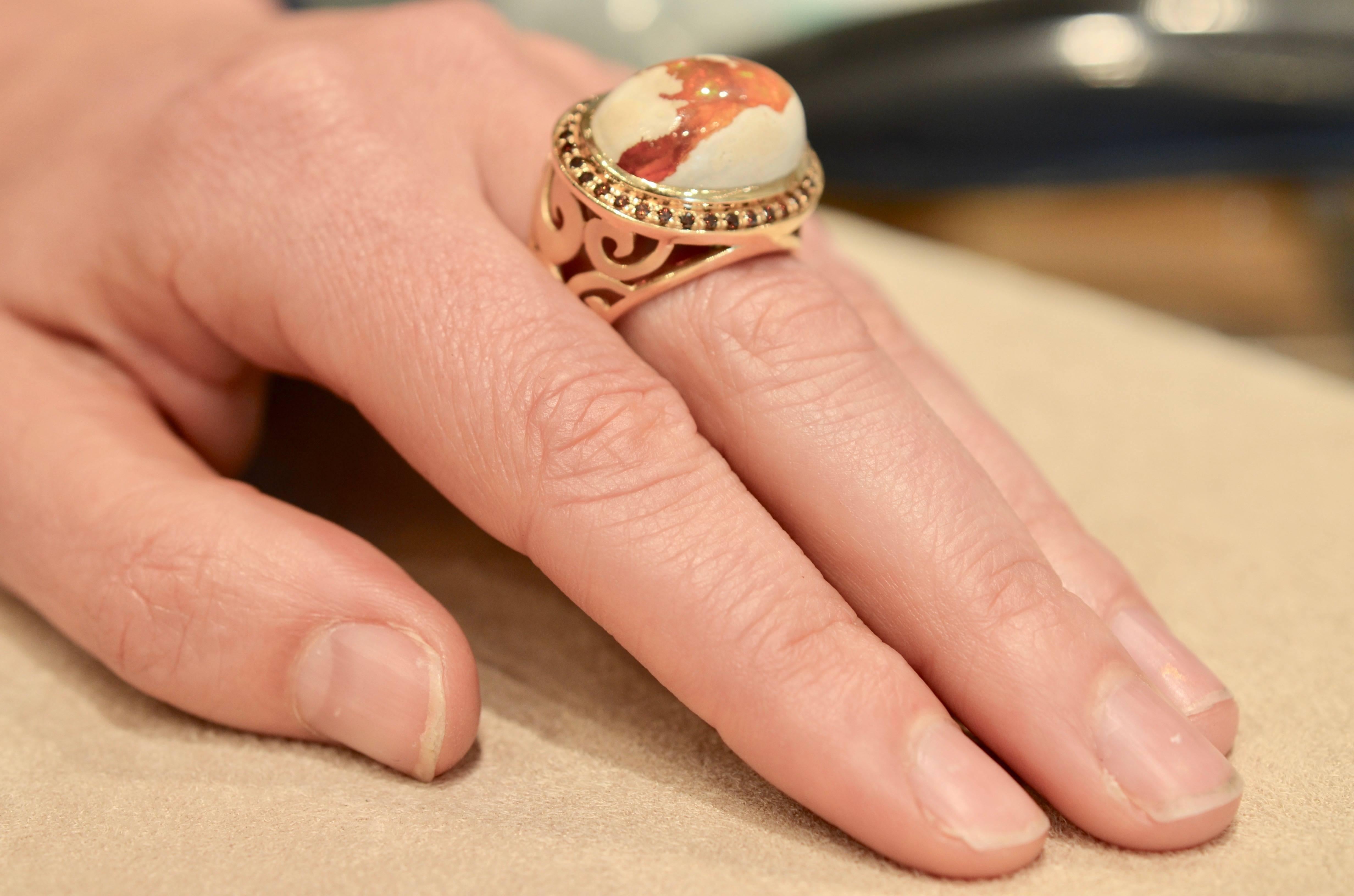 Fire Opal and 18 Karat Diamond Ring 4