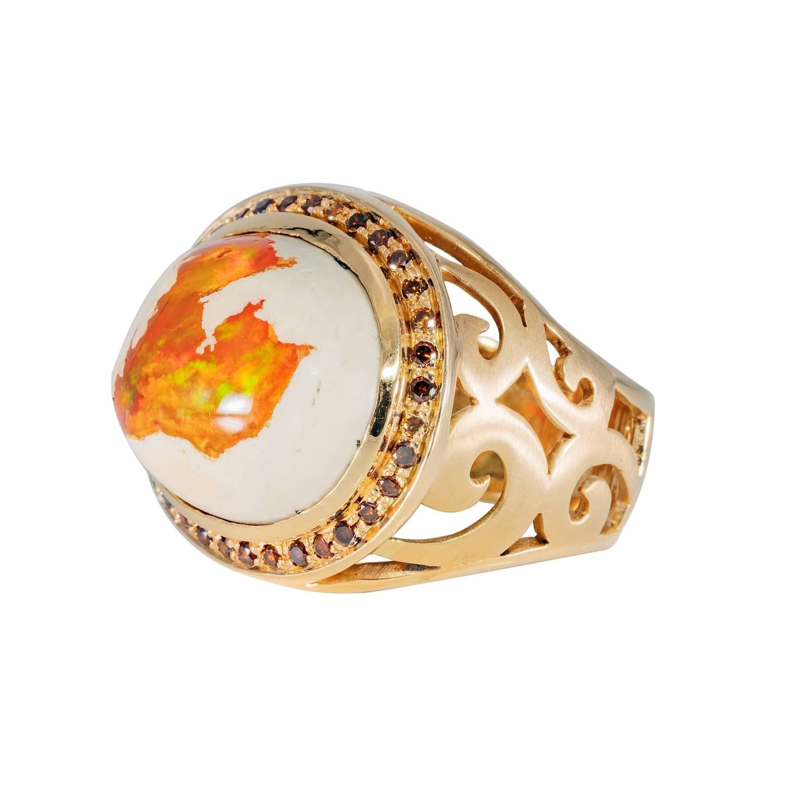 Modern Fire Opal and 18 Karat Diamond Ring