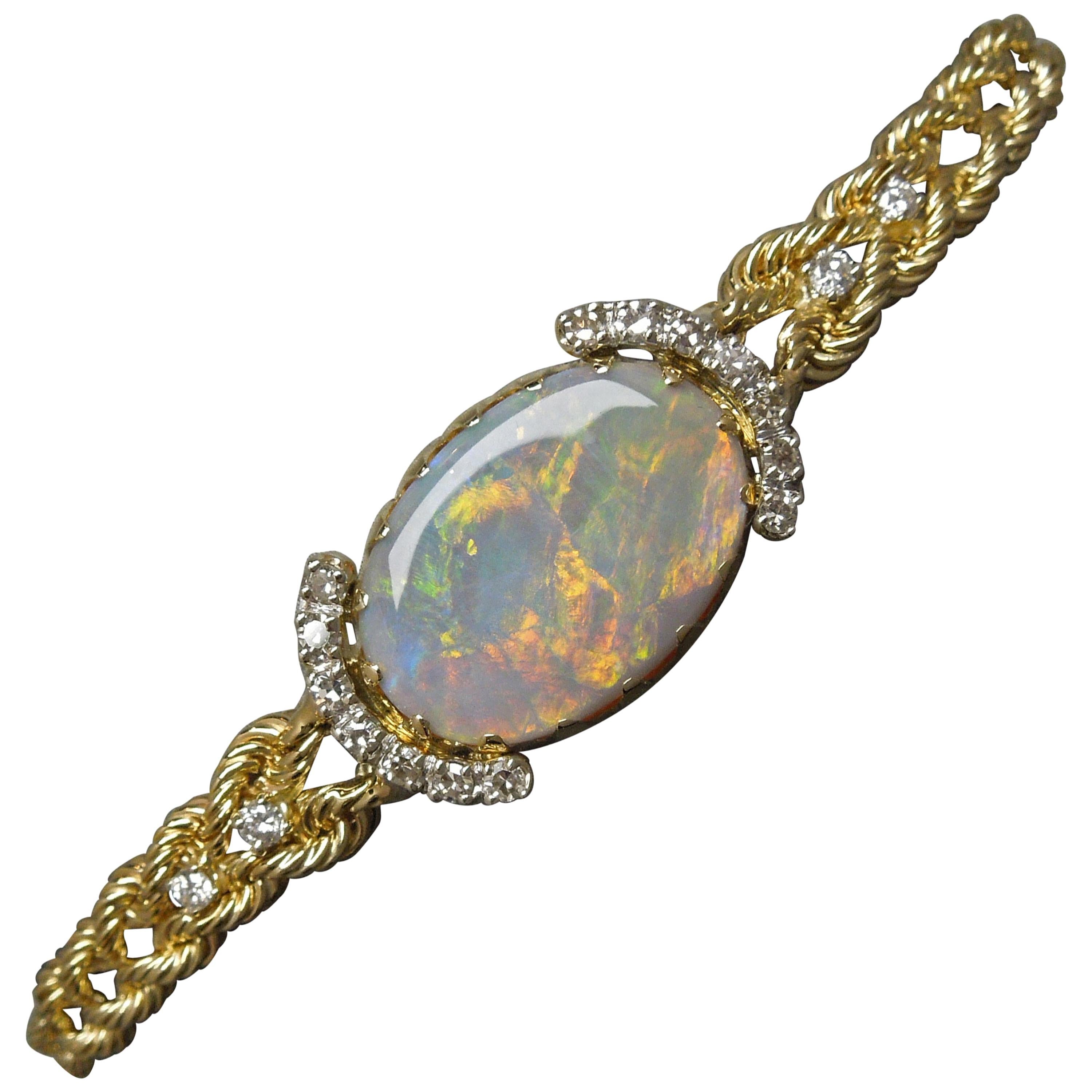Fire Opal and Diamond 14 Karat Gold Rope Bracelet