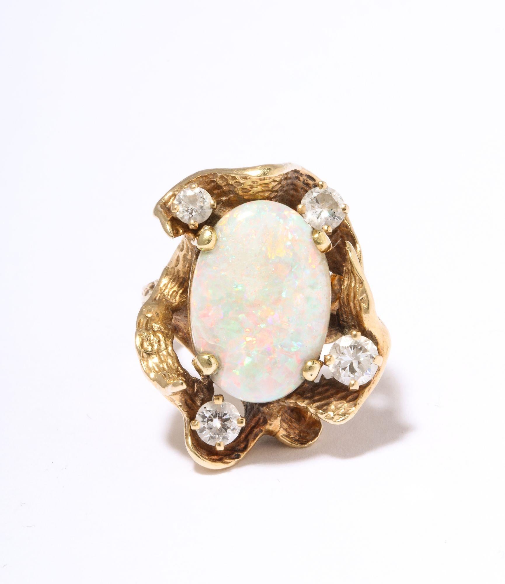 Old European Cut Modernist / Brutalist Opal and Diamond Ring  For Sale