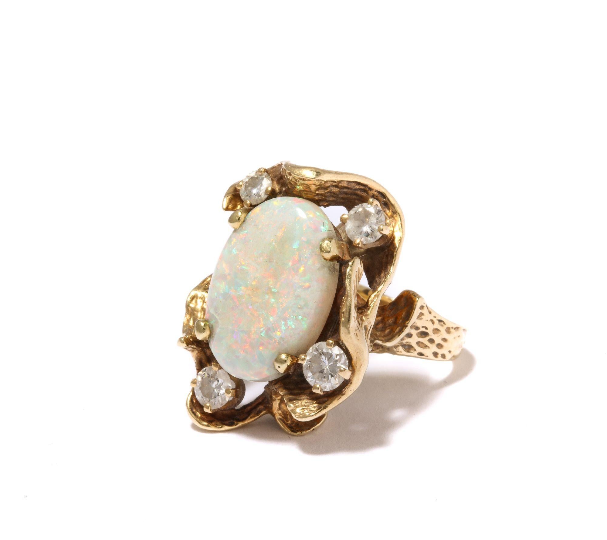 Modernist / Brutalist Opal and Diamond Ring  In Good Condition For Sale In New York, NY