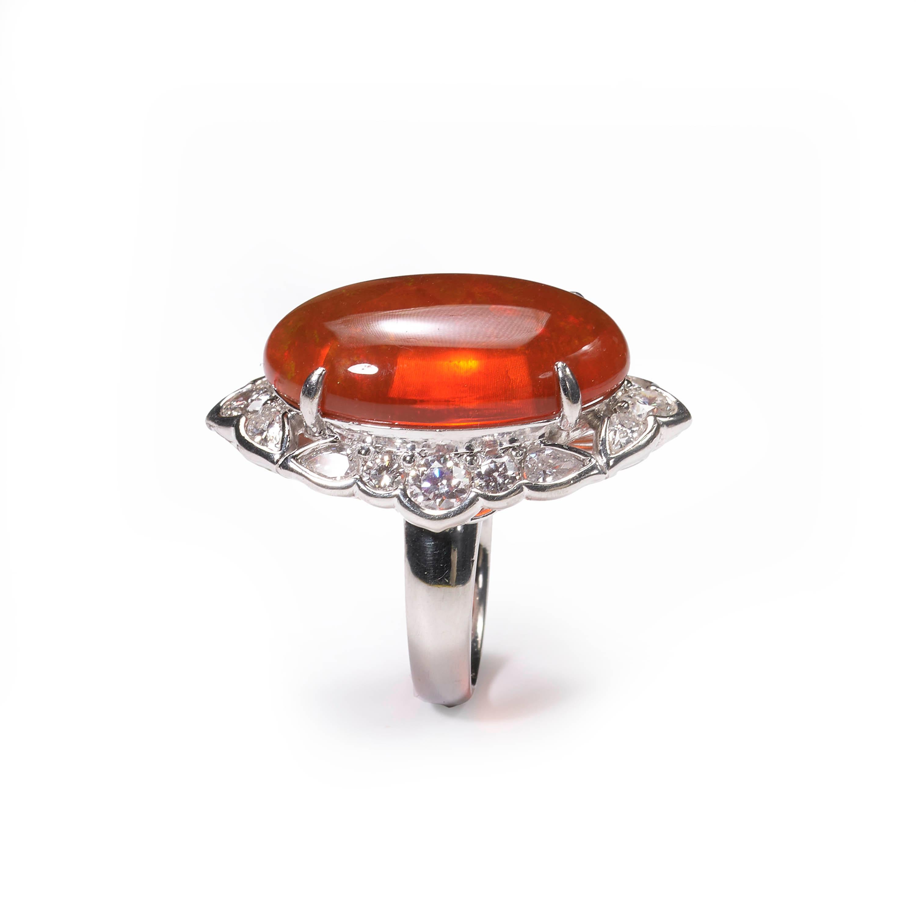 Contemporary Fire Opal and Diamond Cluster Ring For Sale