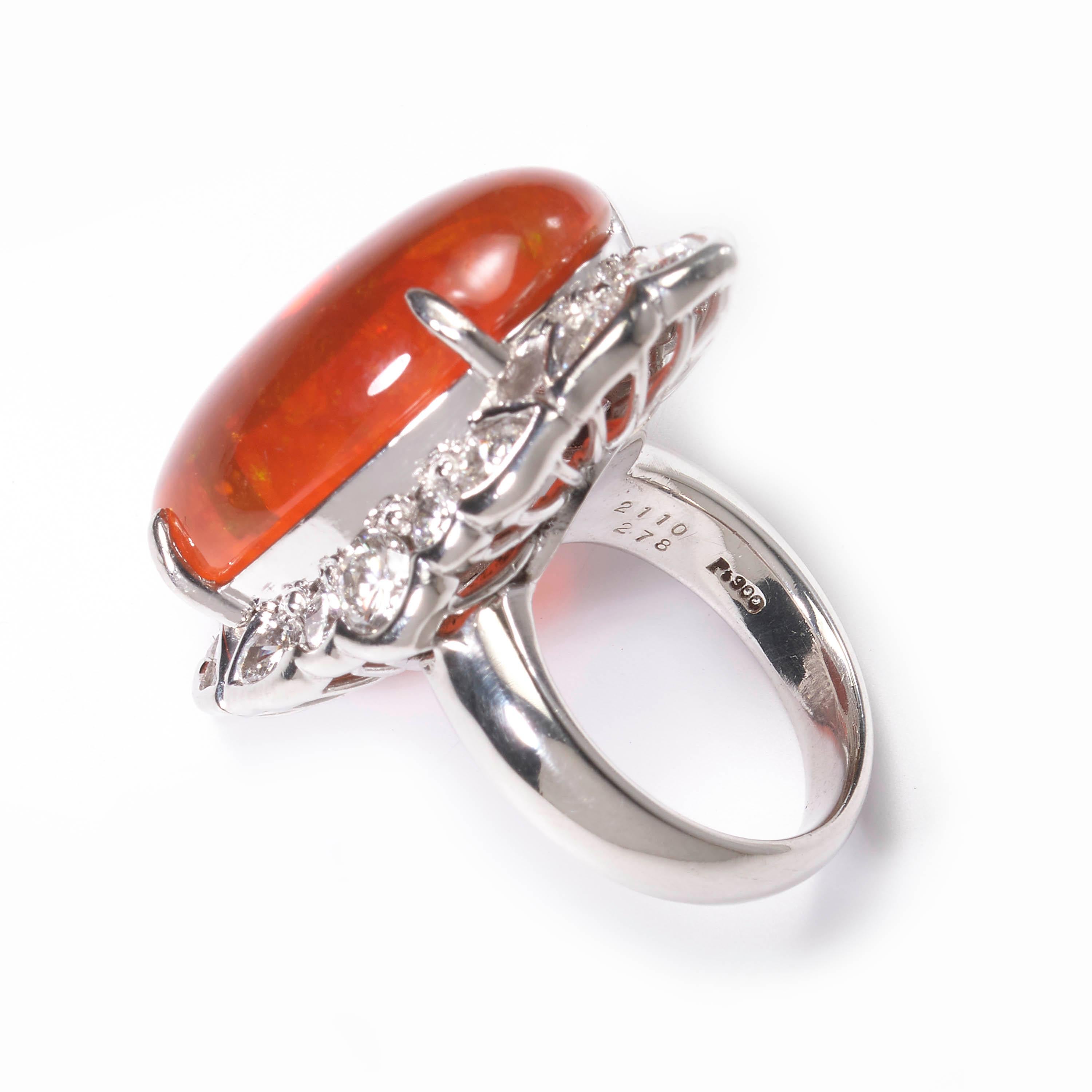 Cabochon Fire Opal and Diamond Cluster Ring For Sale