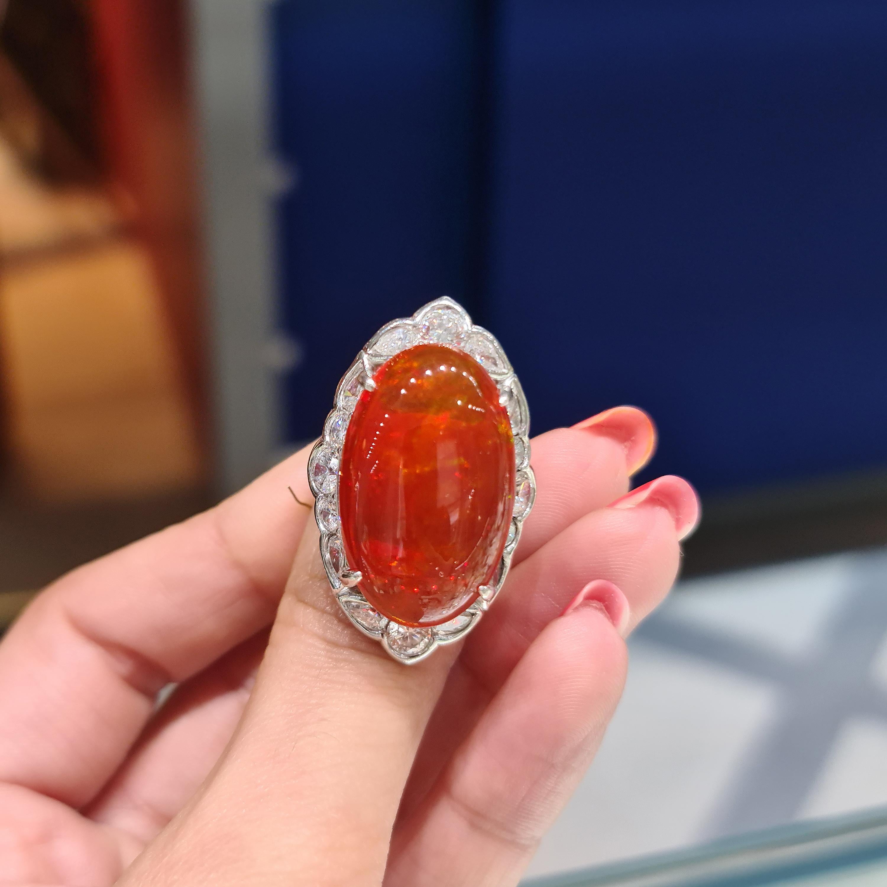 Fire Opal and Diamond Cluster Ring For Sale 1