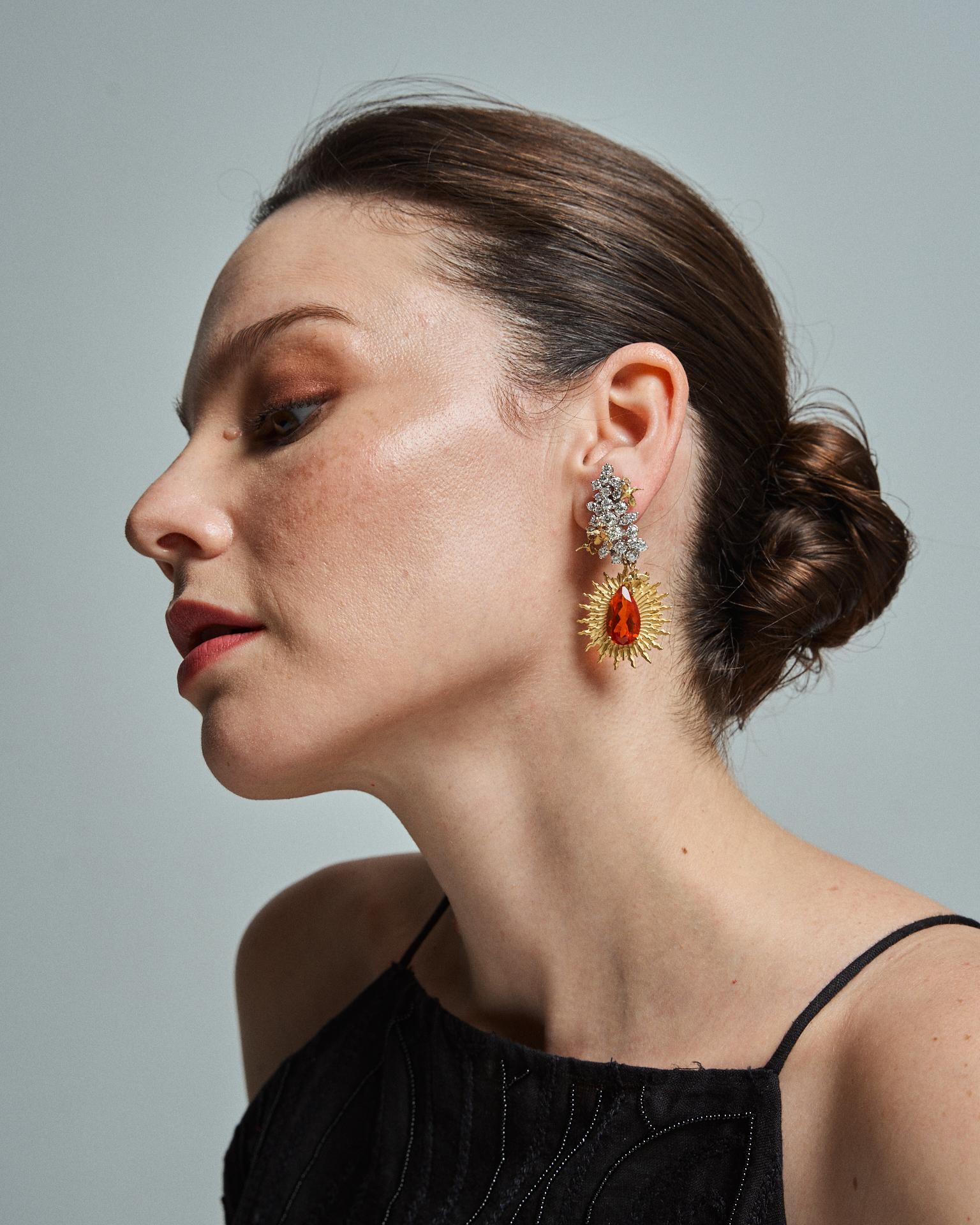 Contemporary Fire Opal and Diamond Earrings Yellow & White Gold 9.30 cts Fire Opals 4.69 cts For Sale
