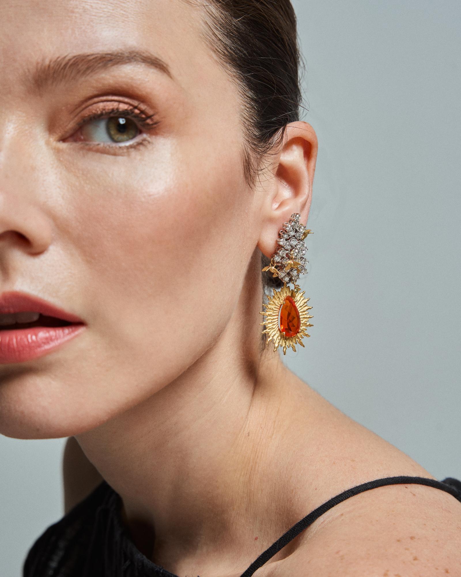 Women's Fire Opal and Diamond Earrings Yellow & White Gold 9.30 cts Fire Opals 4.69 cts For Sale