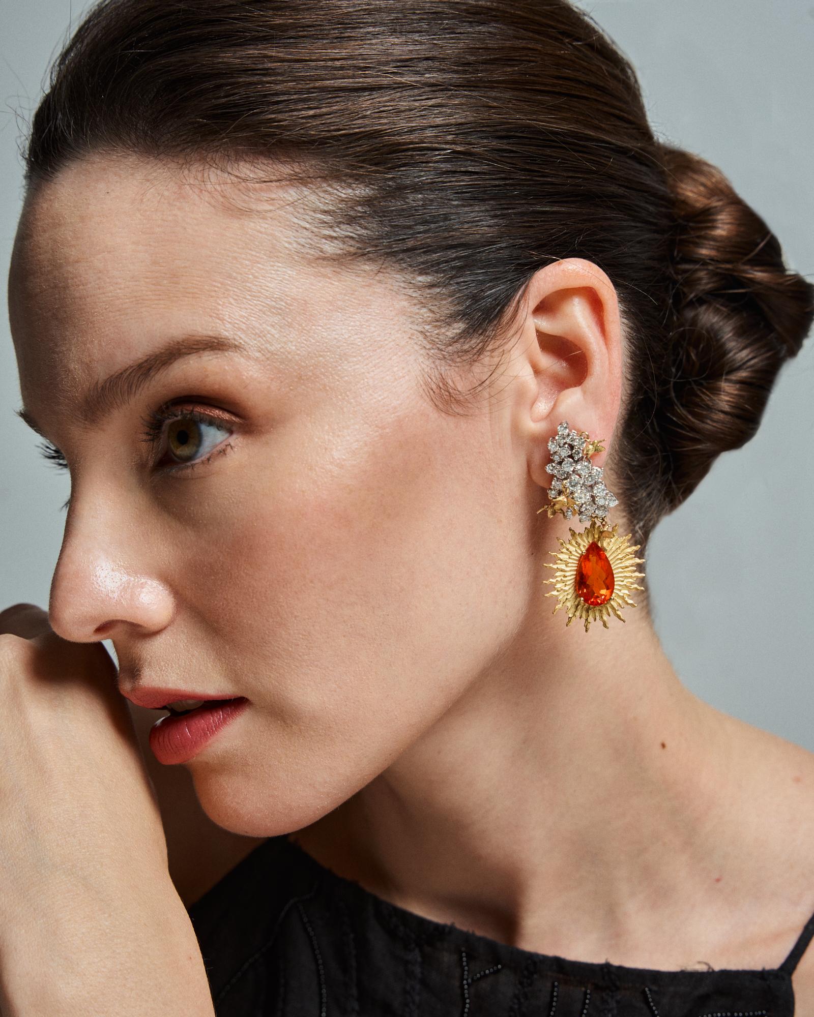 Fire Opal and Diamond Earrings Yellow & White Gold 9.30 cts Fire Opals 4.69 cts For Sale 2