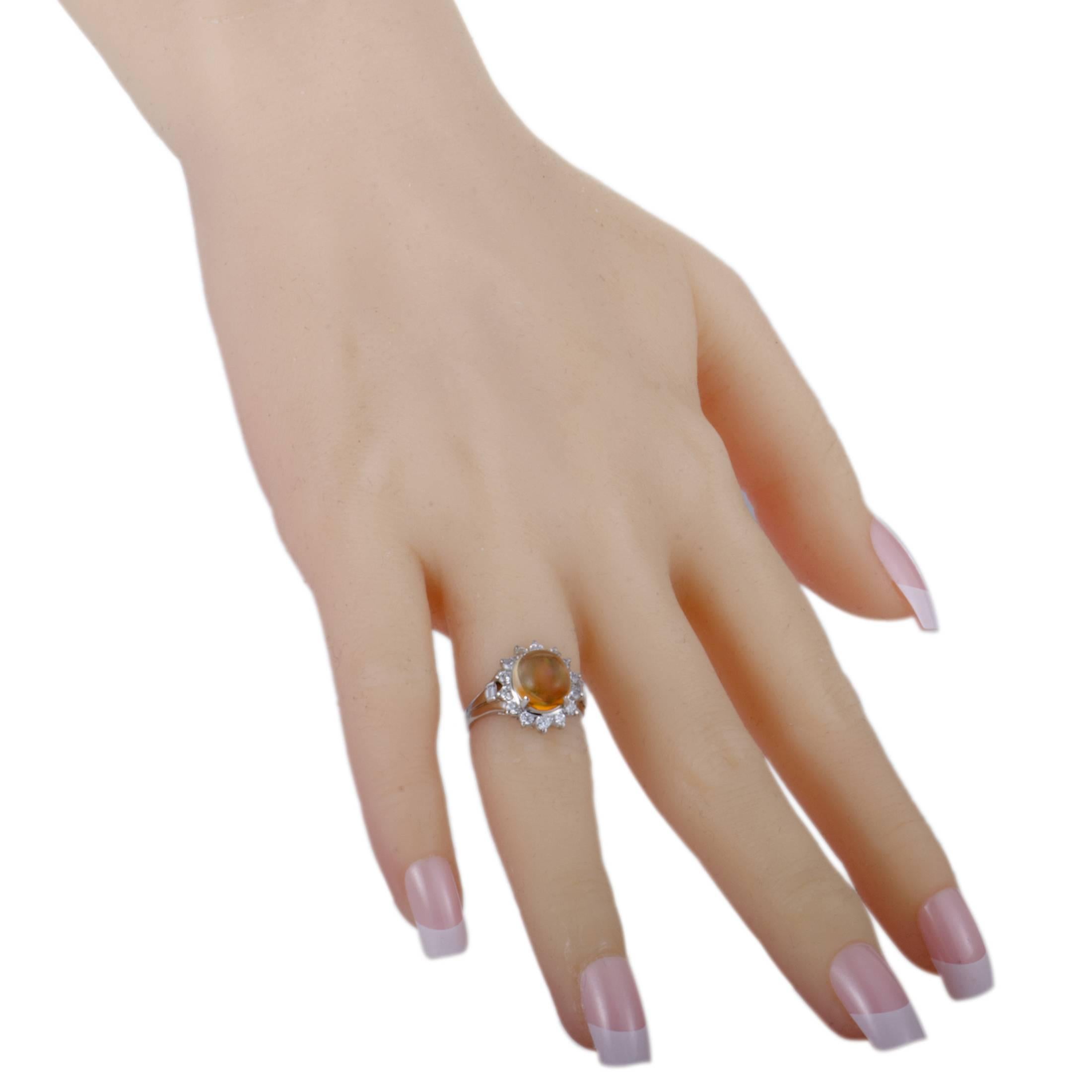 Fire Opal and Diamond Platinum Cocktail Ring In Excellent Condition In Southampton, PA