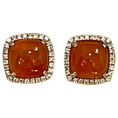 Fire Opal and Diamond Stud Earring with Omega Back, 14 Karat White Gold