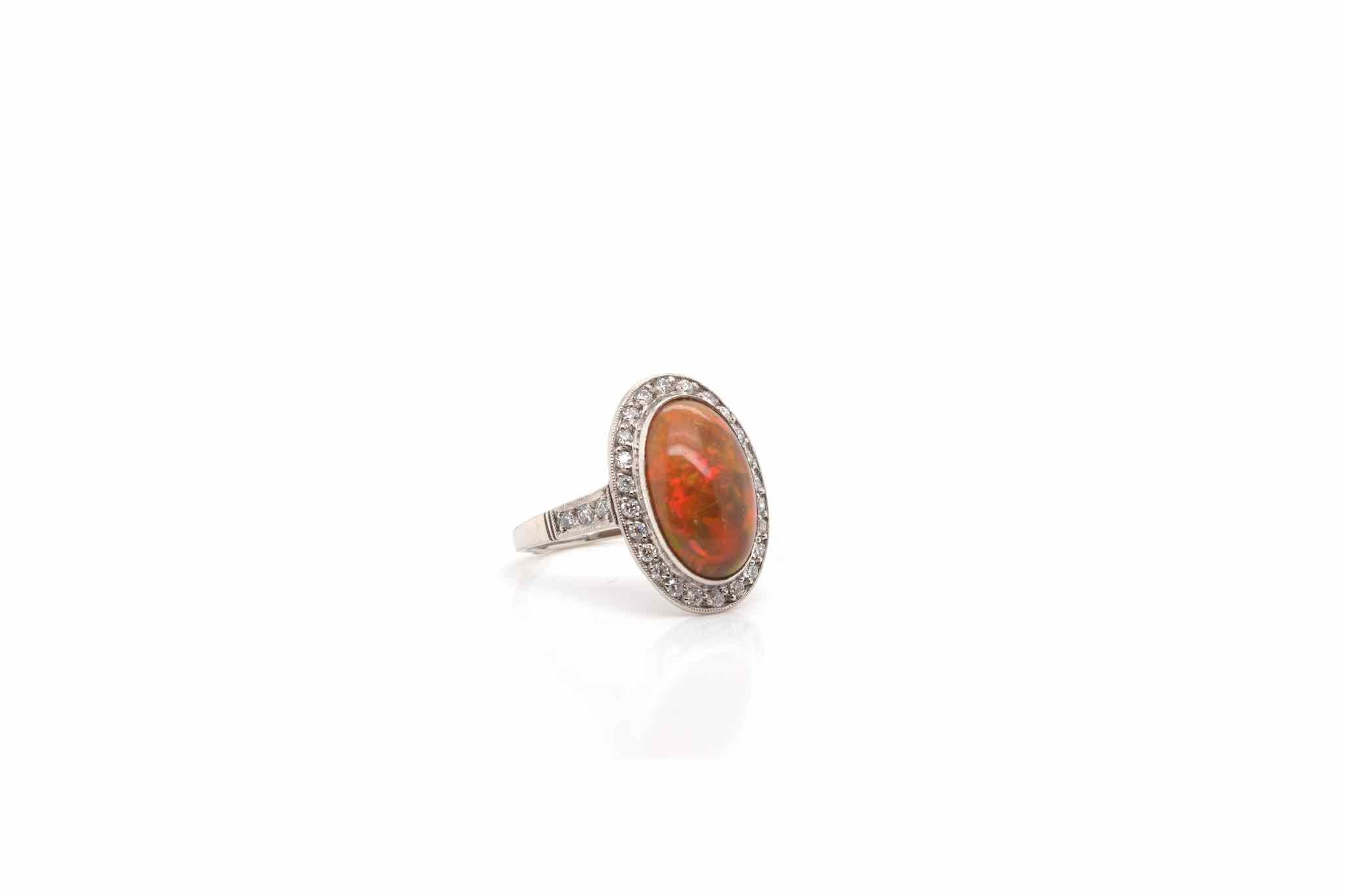Cabochon Fire opal and diamonds ring For Sale