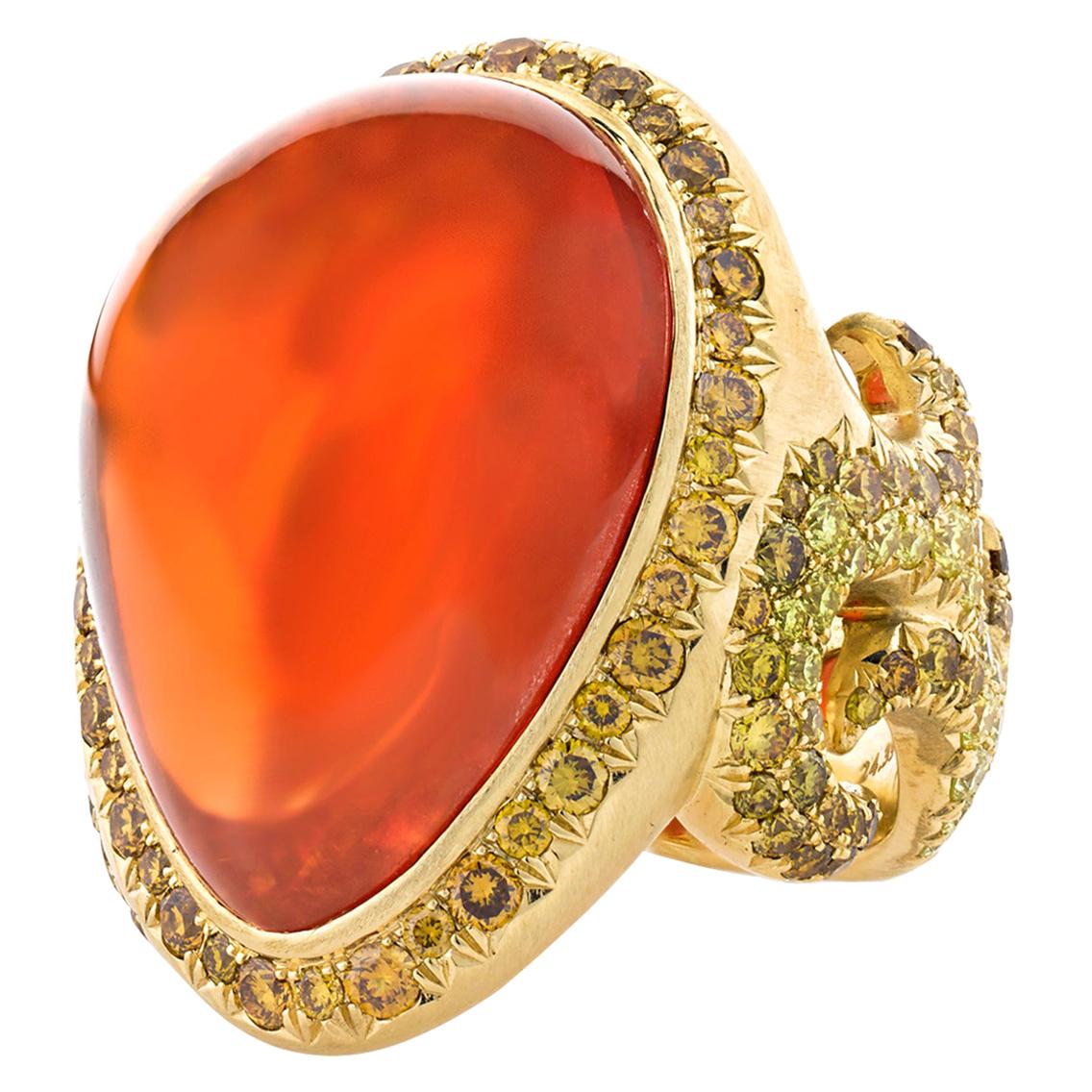 Fire Opal and Melee Diamond Filigree Ring, 24.39 Carat For Sale at 1stDibs