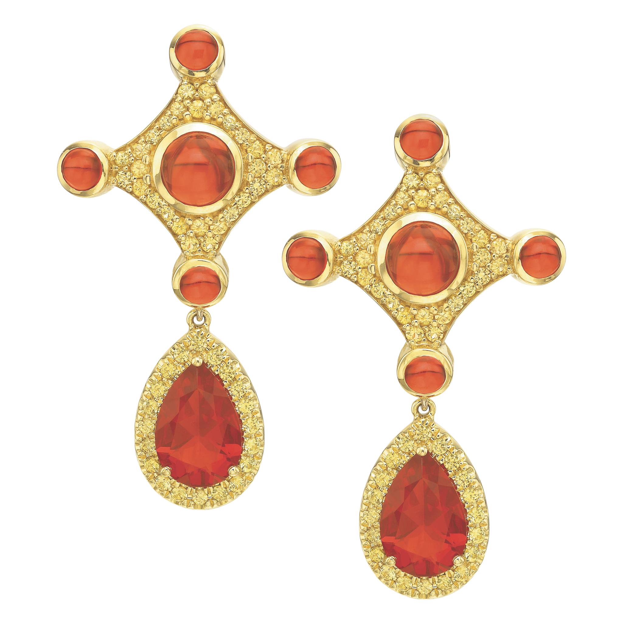 Fire Opal and Yellow Sapphire Earrings in 18 Karat Yellow Gold For Sale