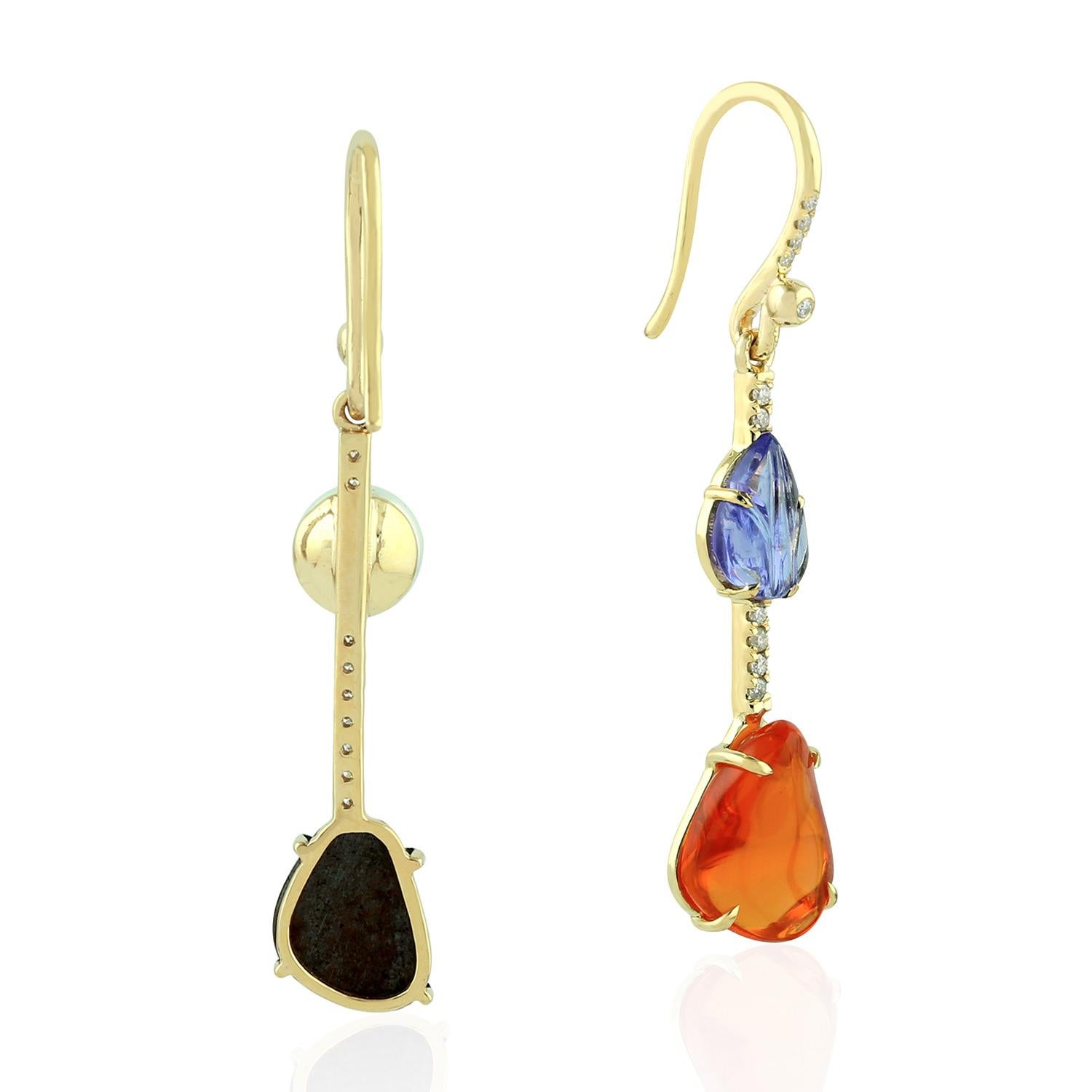 Contemporary Meghna Jewels Fire Opal Aquamarine Pearl Diamond 14 Karat Gold Linear Earrings For Sale