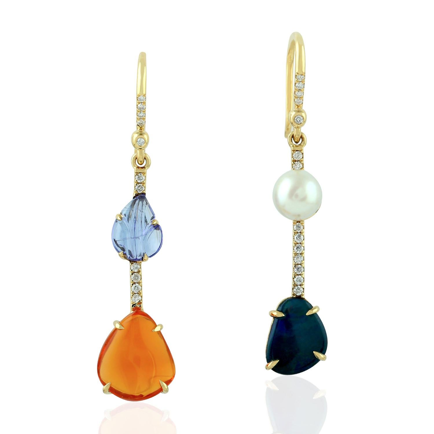 Mixed Cut Fire Opal Aquamarine Pearl Diamond 18 Karat Gold Linear Earrings For Sale