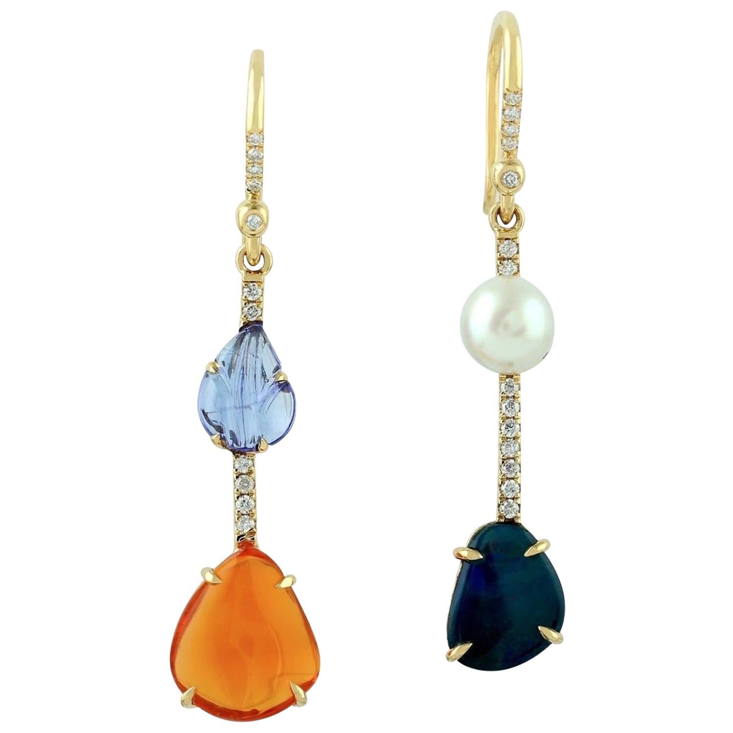 Fire Opal Aquamarine Pearl Diamond 18 Karat Gold Linear Earrings For Sale