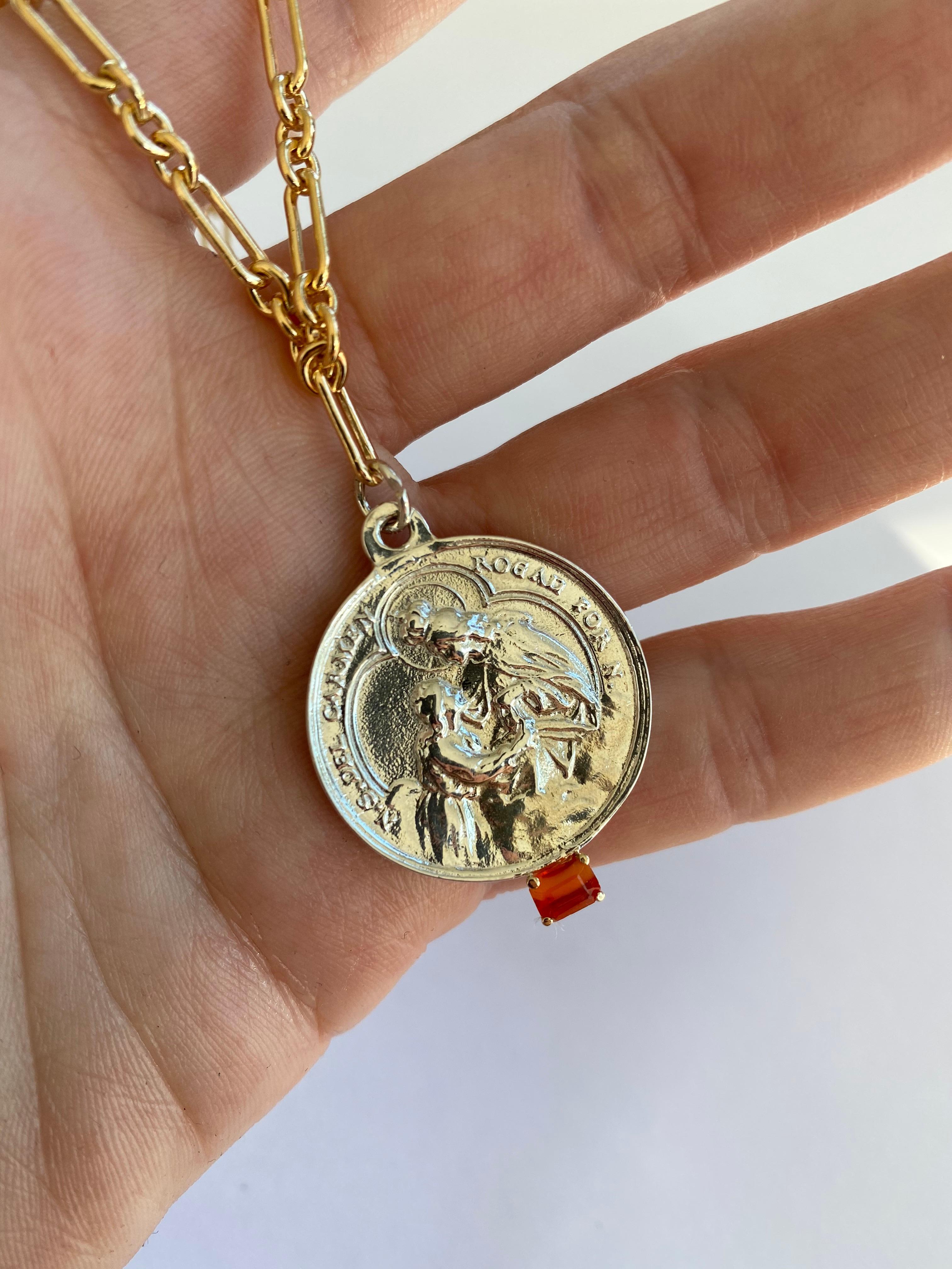 Contemporary Fire Opal  Gold Filled Chain Necklace Virgin Mary Medal Silver Pendant J Dauphin For Sale