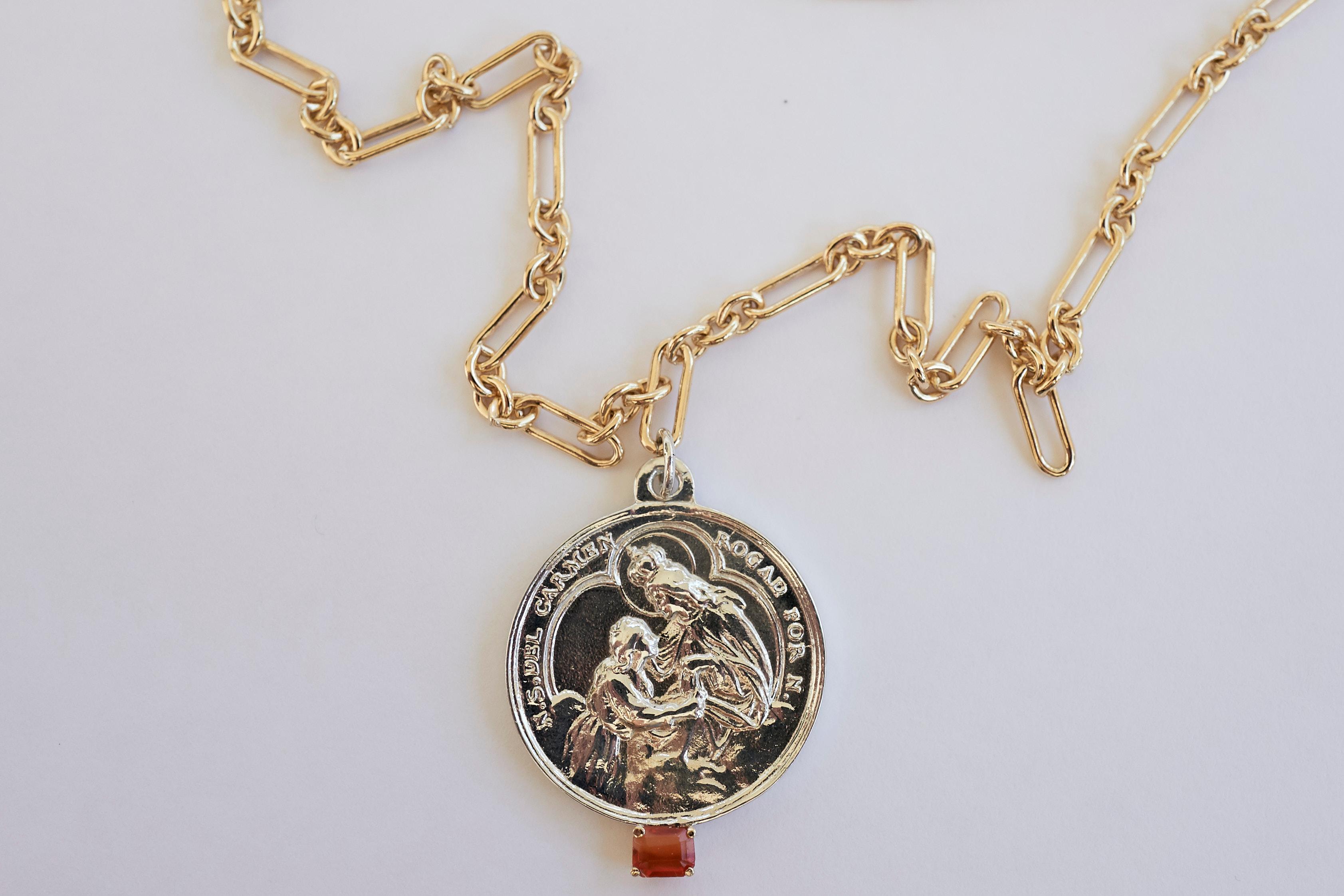 Fire Opal  Gold Filled Chain Necklace Virgin Mary Medal Silver Pendant J Dauphin In New Condition For Sale In Los Angeles, CA