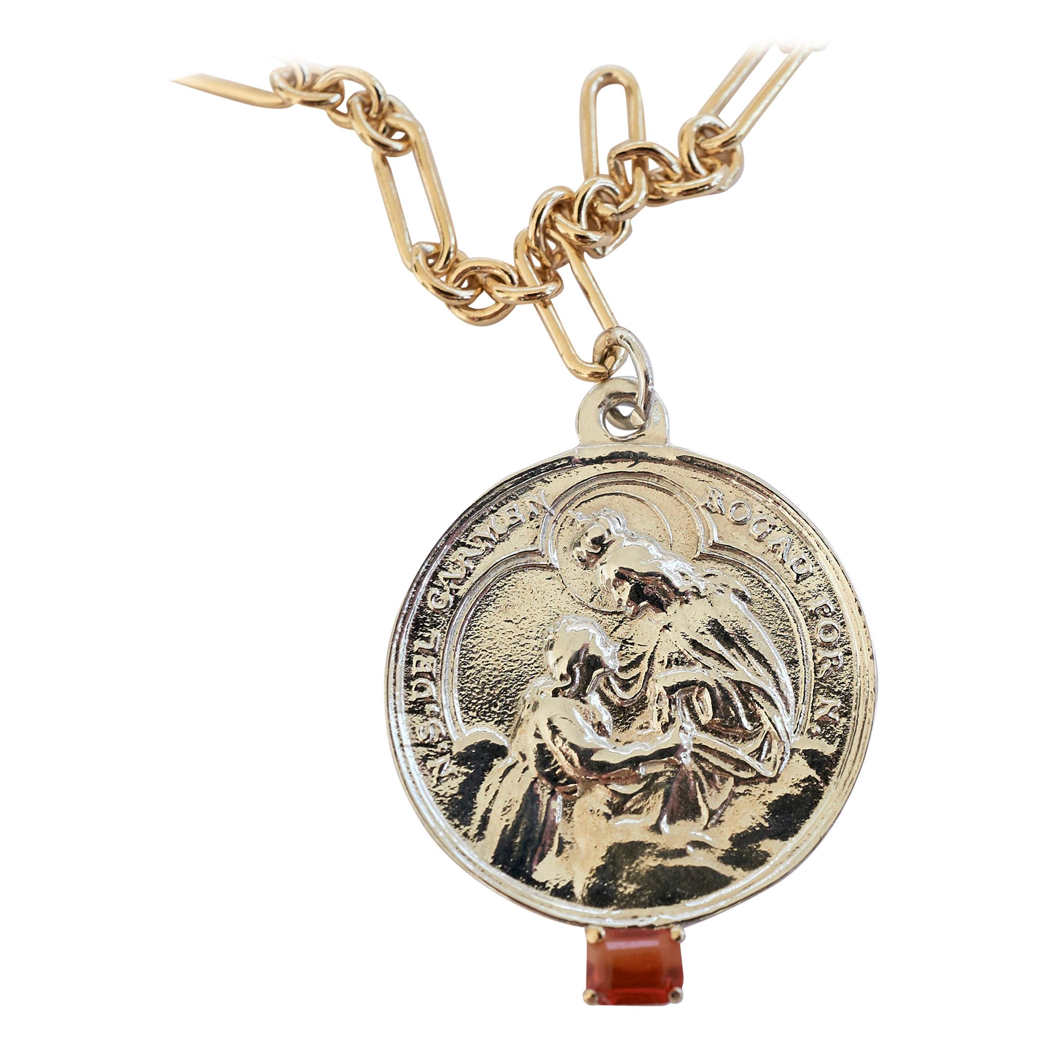 Fire Opal  Gold Filled Chain Necklace Virgin Mary Medal Silver Pendant J Dauphin For Sale