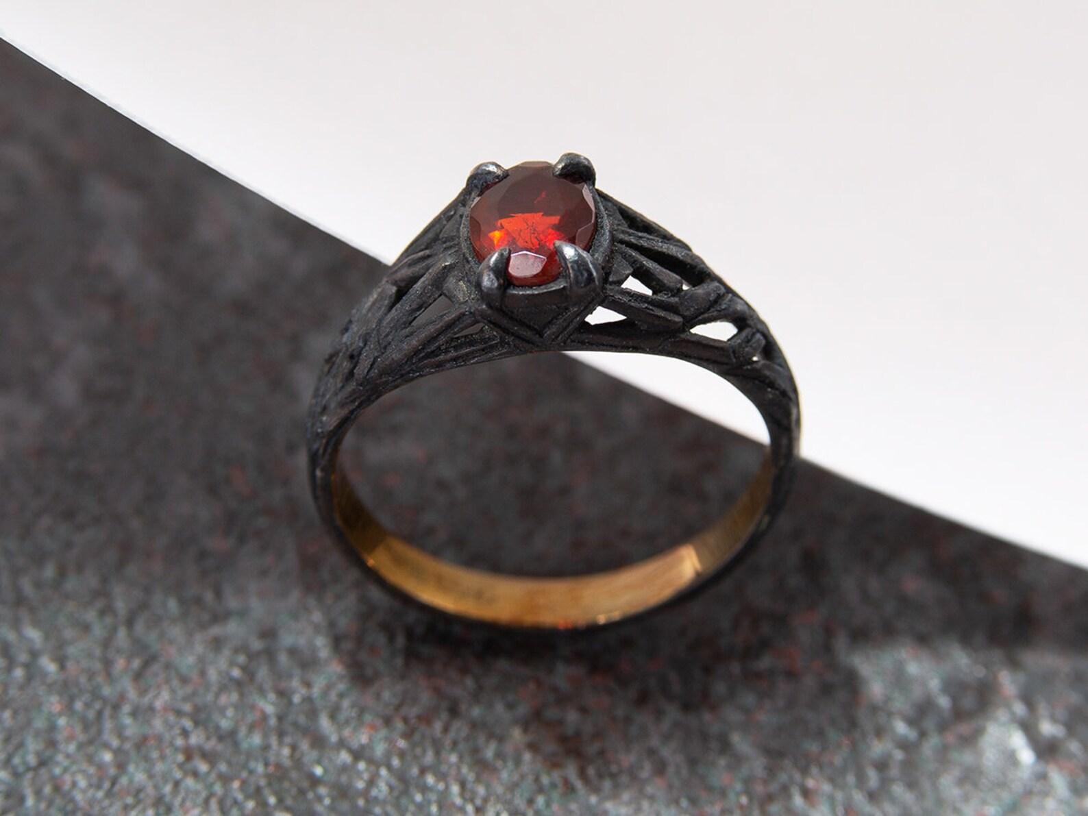 Gothic Revival Fire Opal Black Silver Ring Red Precious Mexican Gemstone Gothic Style  For Sale