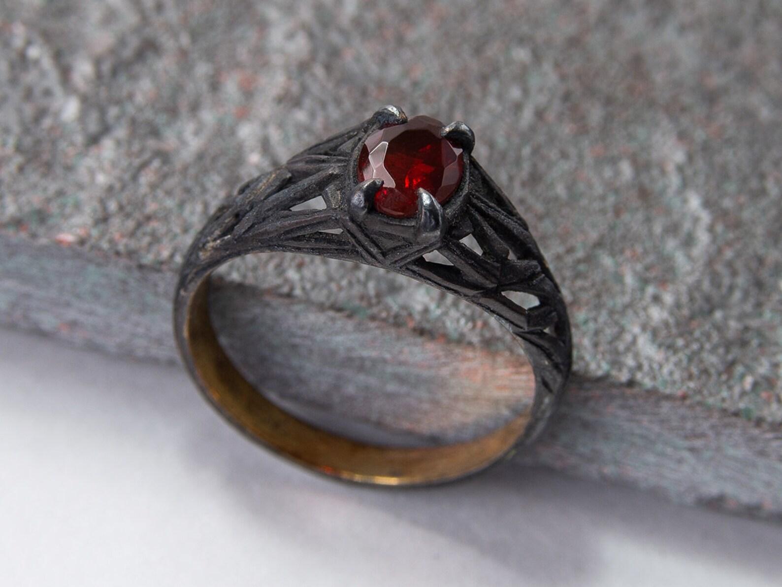 Oval Cut Fire Opal Black Silver Ring Red Precious Mexican Gemstone Gothic Style  For Sale