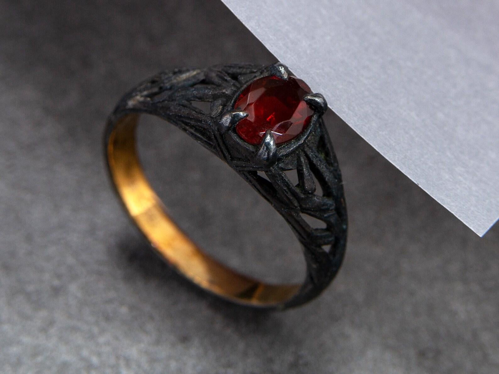 Women's or Men's Fire Opal Black Silver Ring Red Precious Mexican Gemstone Gothic Style  For Sale