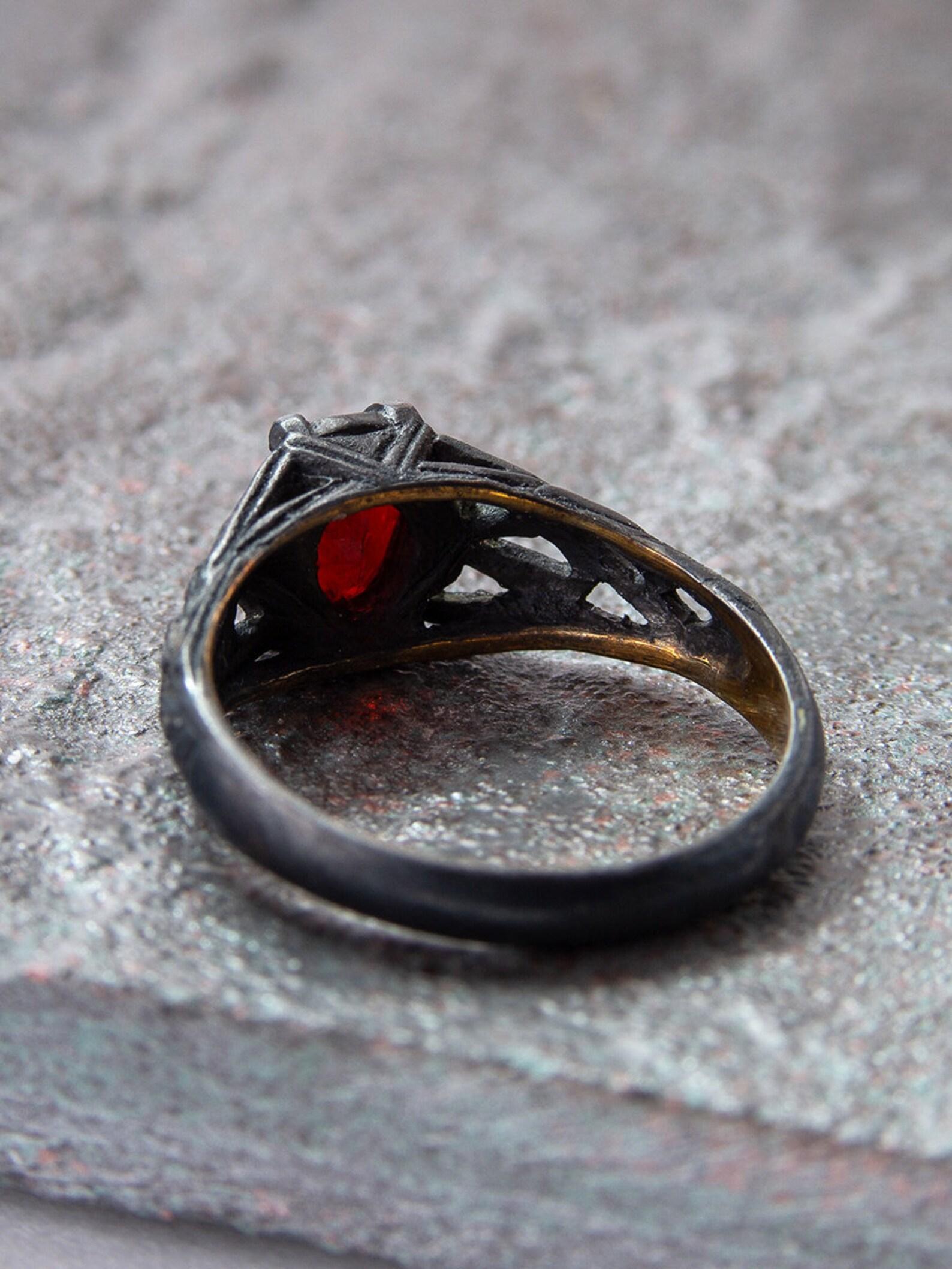 Fire Opal Black Silver Ring Red Precious Mexican Gemstone Gothic Style  For Sale 1