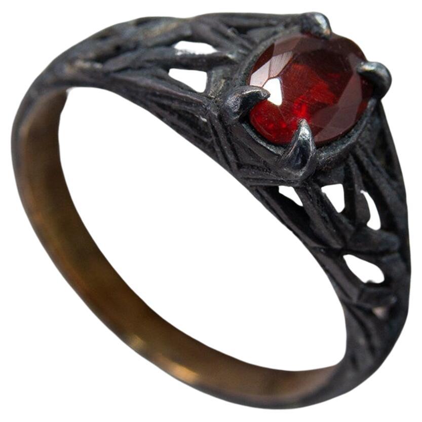 Fire Opal Black Silver Ring Red Precious Mexican Gemstone Gothic Style  For Sale