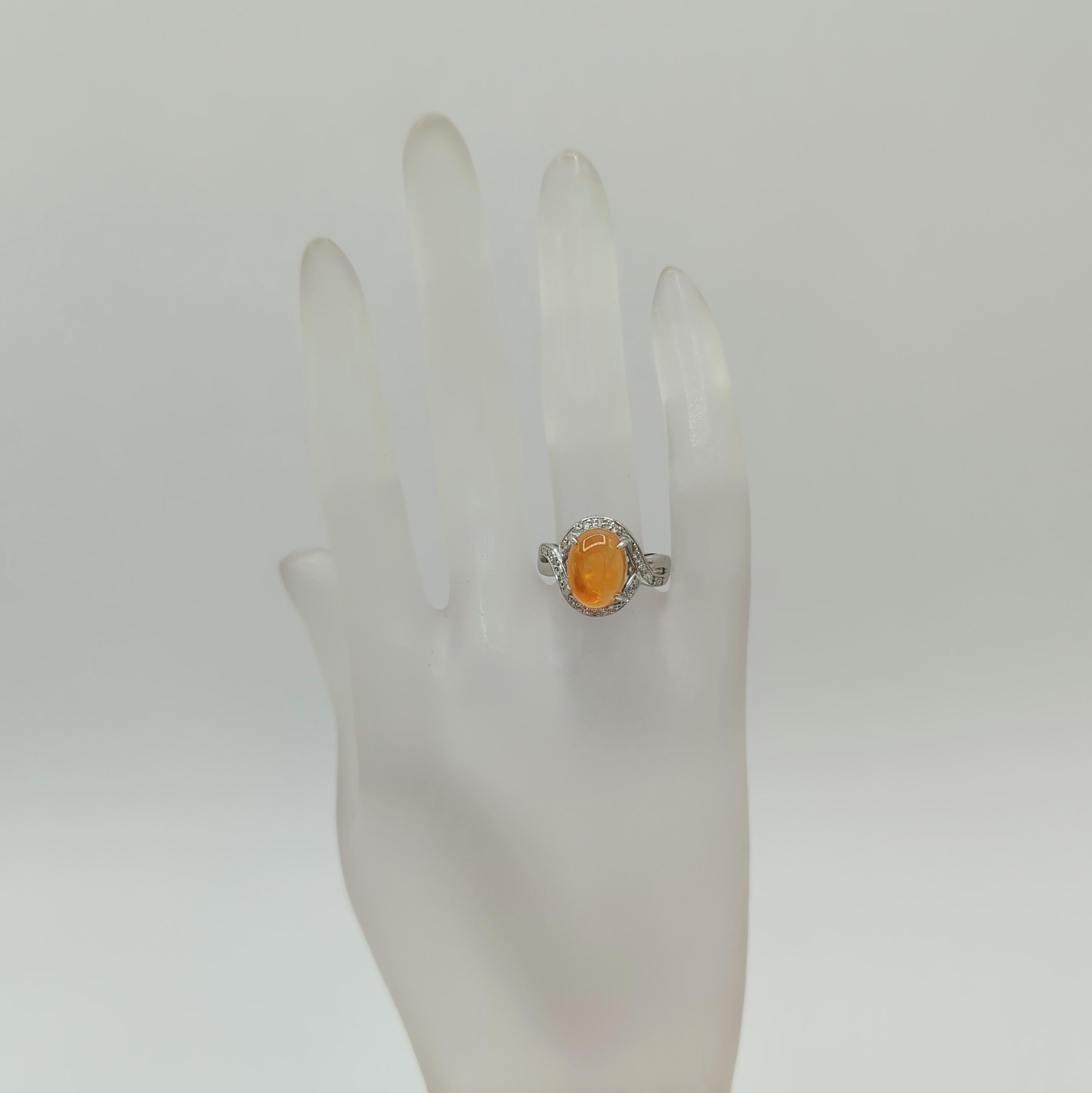 Oval Cut Fire Opal Cabochon and White Diamond Cocktail Ring in Platinum For Sale