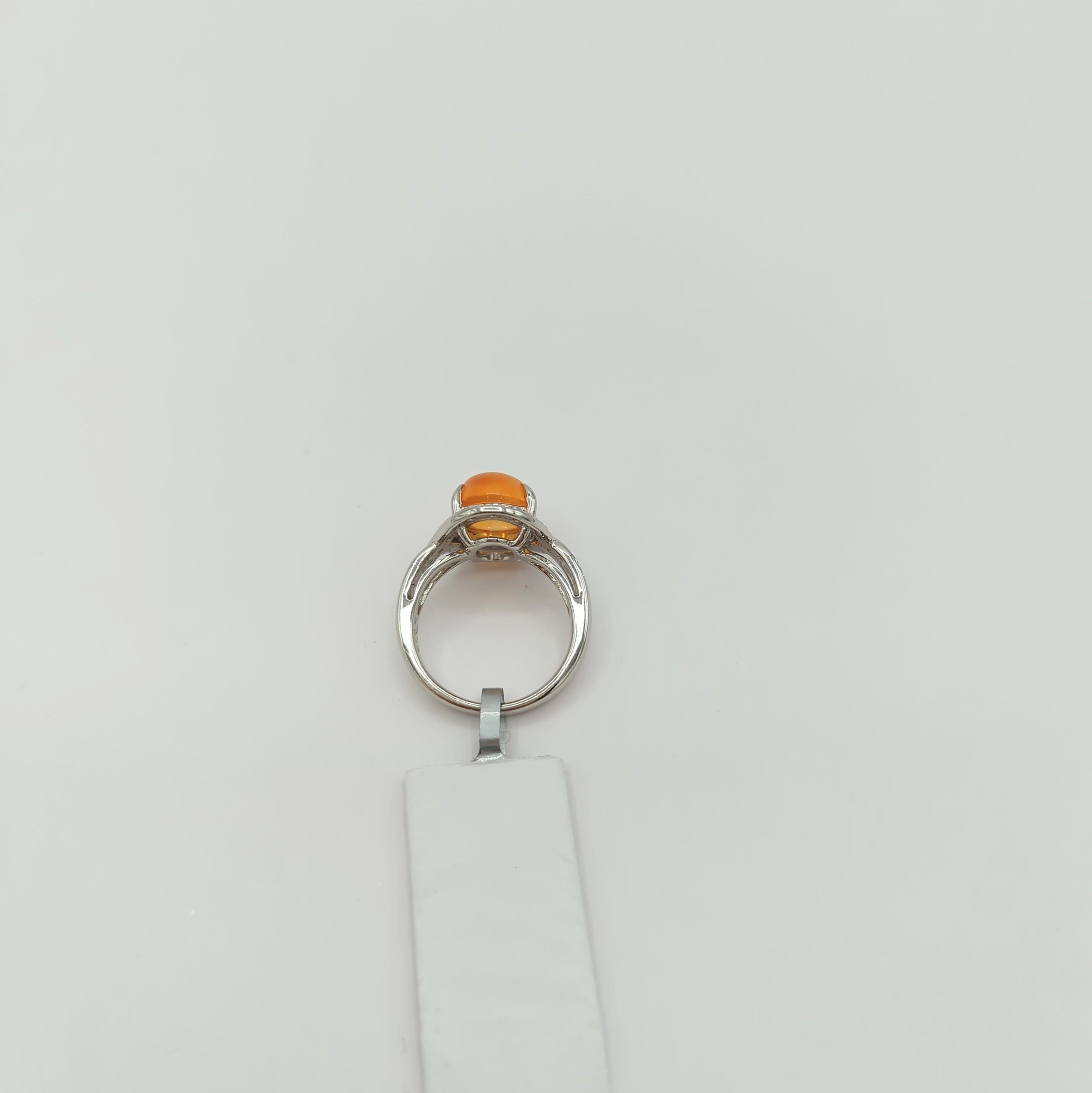 Fire Opal Cabochon and White Diamond Cocktail Ring in Platinum In New Condition For Sale In Los Angeles, CA