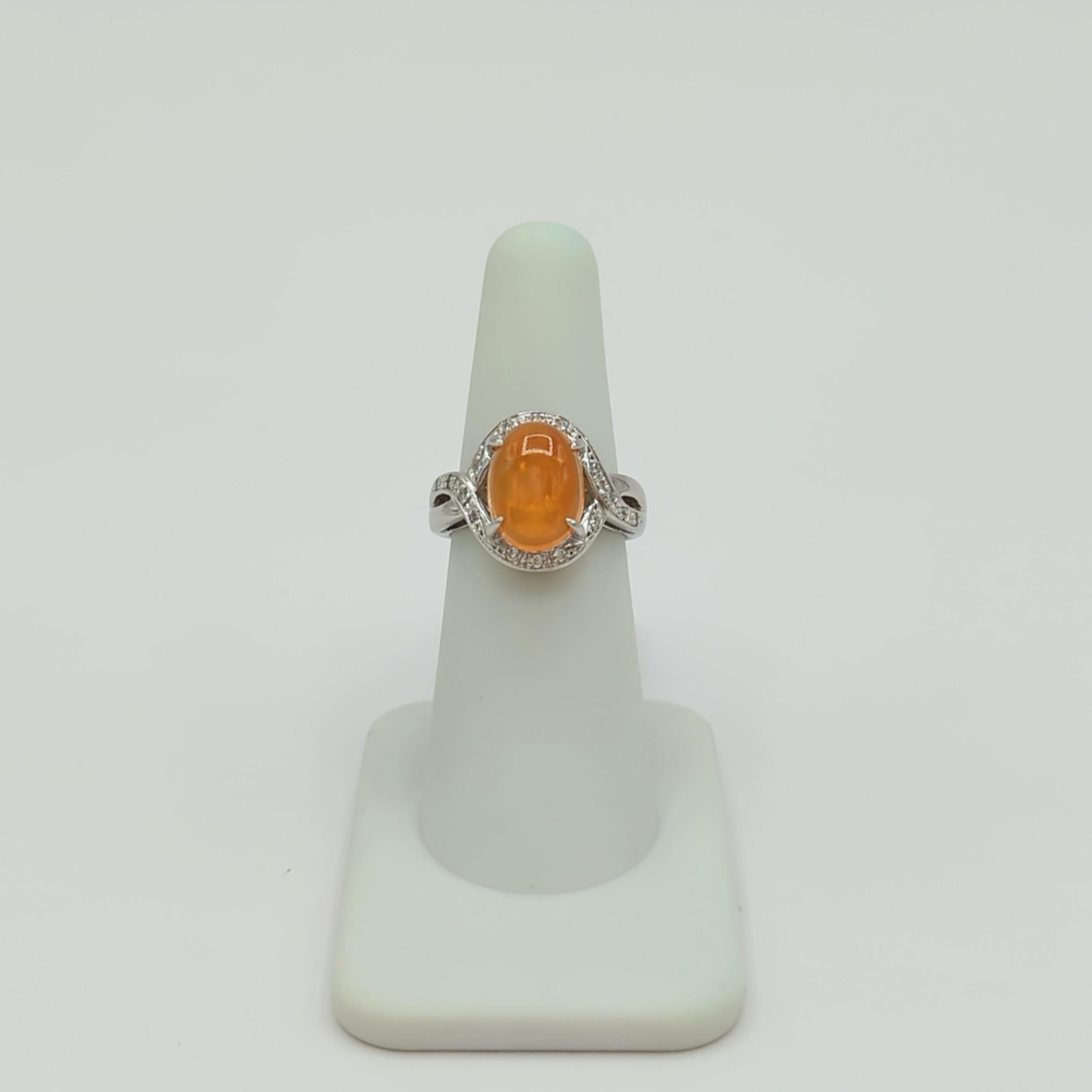 Fire Opal Cabochon and White Diamond Cocktail Ring in Platinum For Sale 1