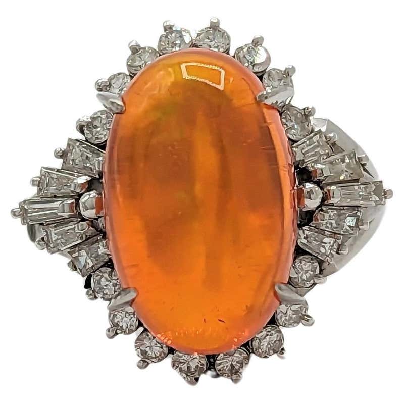 Edwardian Fire Opal Carved Cabochon Emerald Platinum Ring at 1stDibs