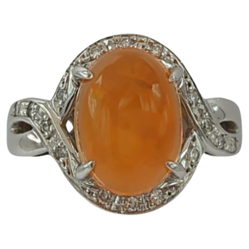 Fire Opal Cabochon and White Diamond Cocktail Ring in Platinum For Sale