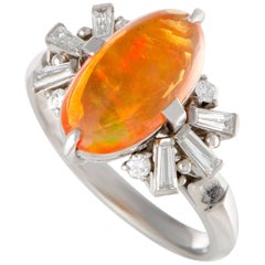 Fire Opal Cabochon Diamond Platinum Ring