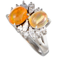 Fire Opal Cabochon Diamond Platinum Ring