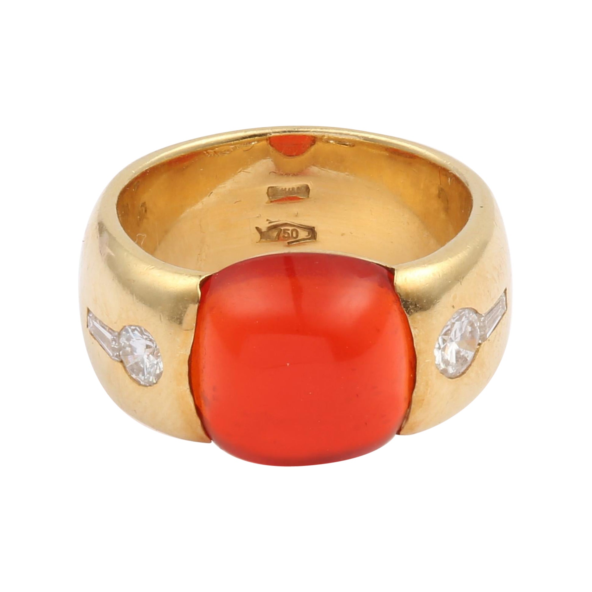 Fire Opal Cabochon Diamonds 18 Carat Yellow Gold Ring For Sale