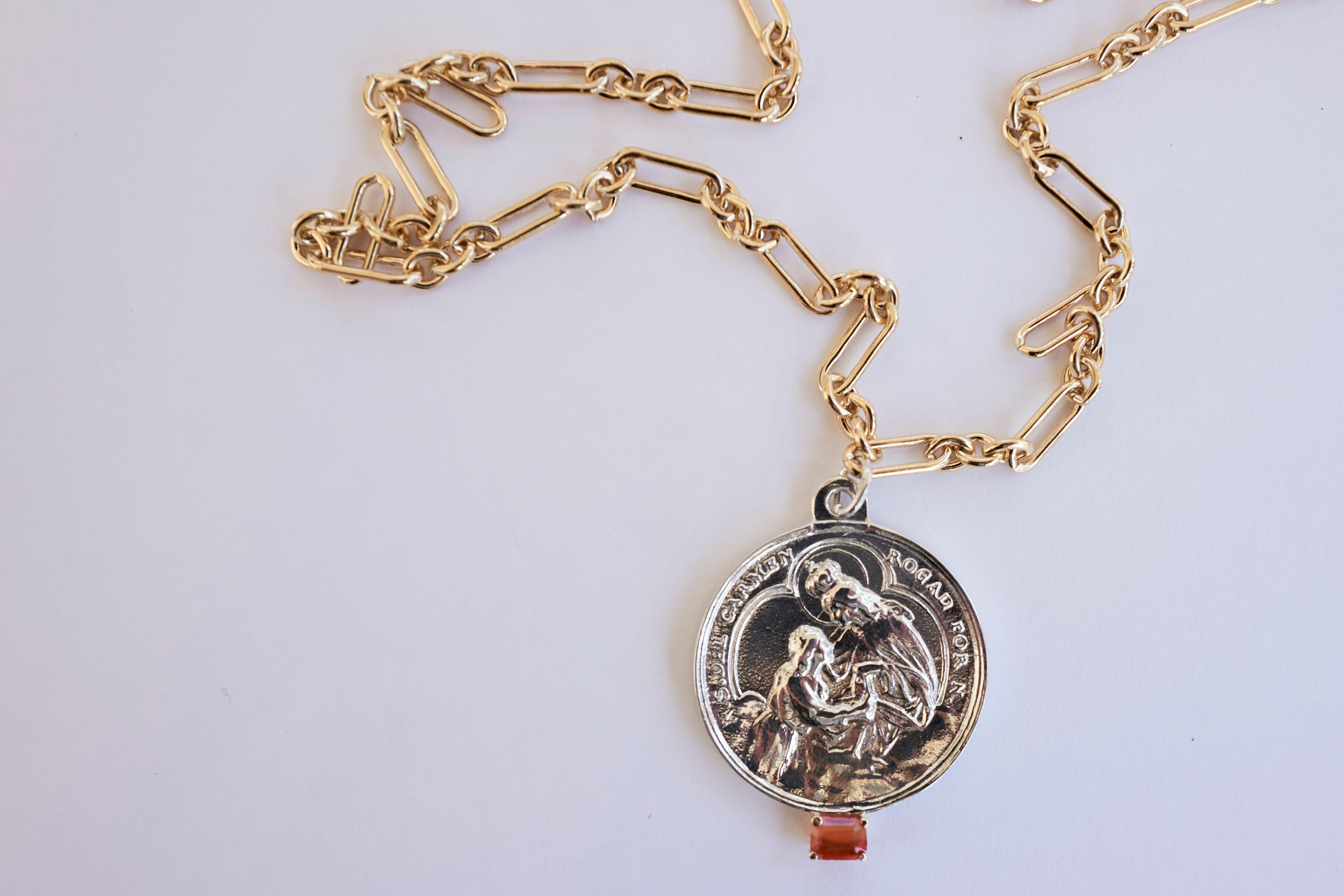 Fire Opal Chain Necklace Virgin Mary Medal Silver For Sale 4