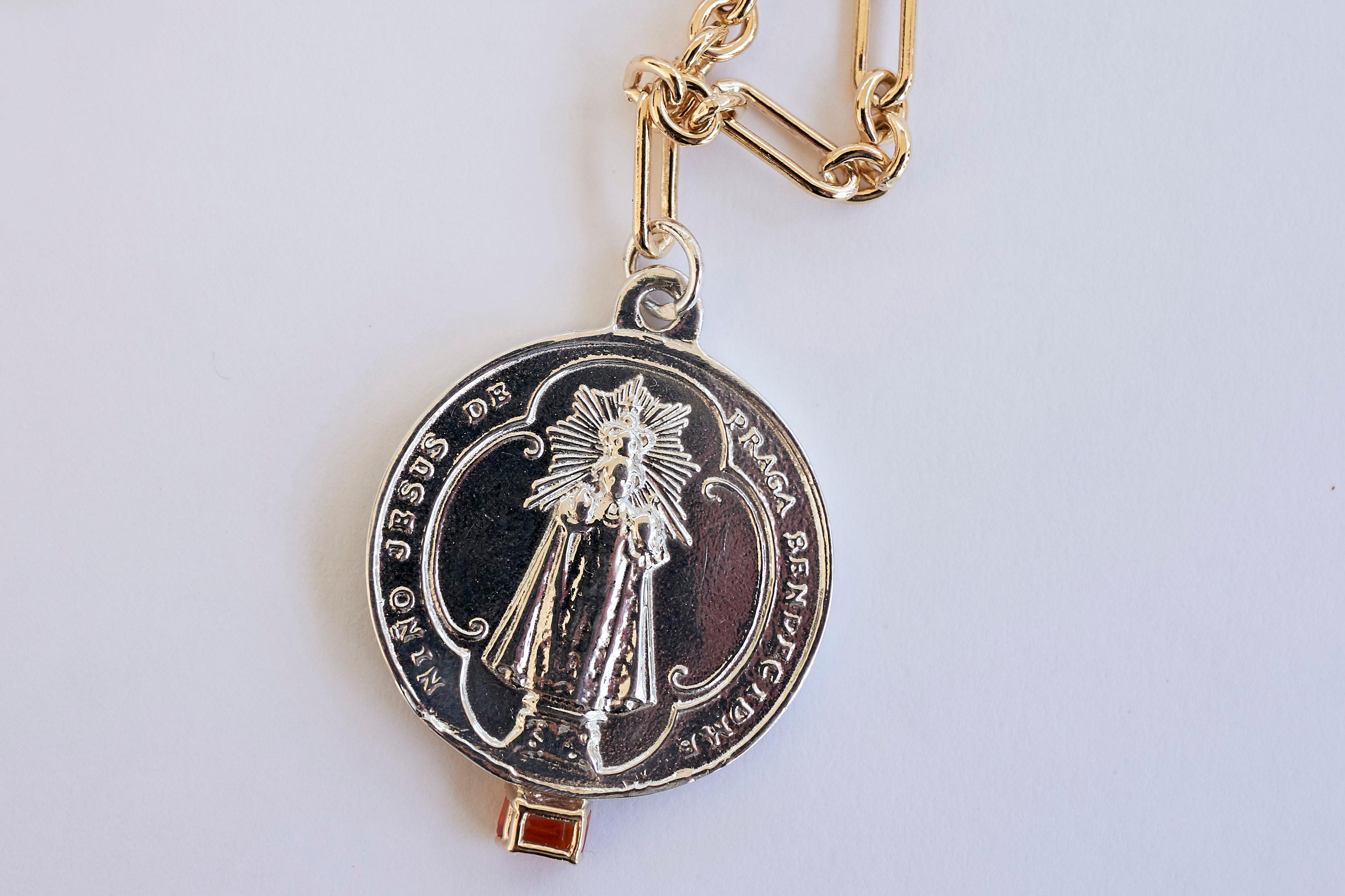 Fire Opal Chain Necklace Virgin Mary Medal Silver For Sale 5