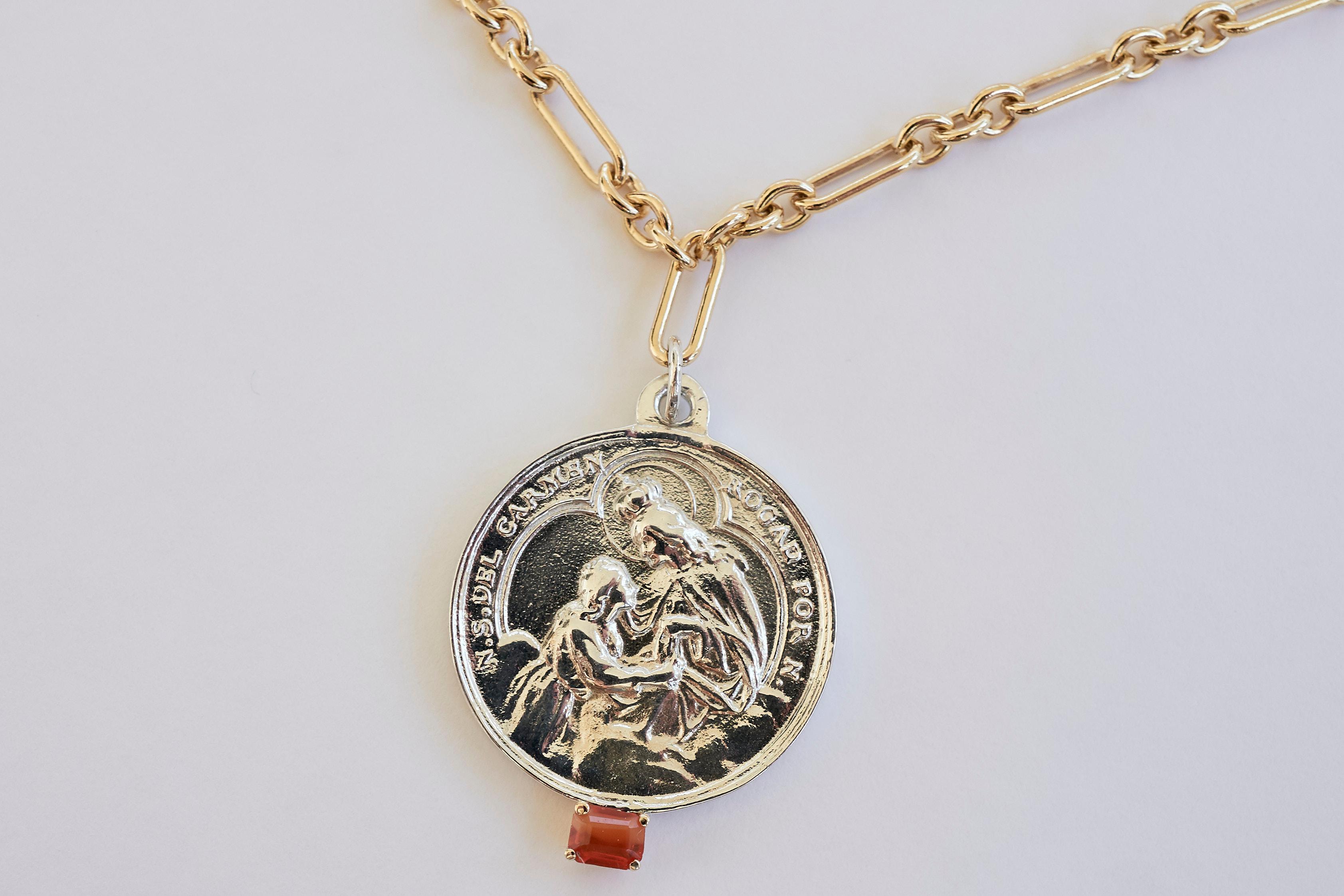 Contemporary Fire Opal Chain Necklace Virgin Mary Medal Silver For Sale