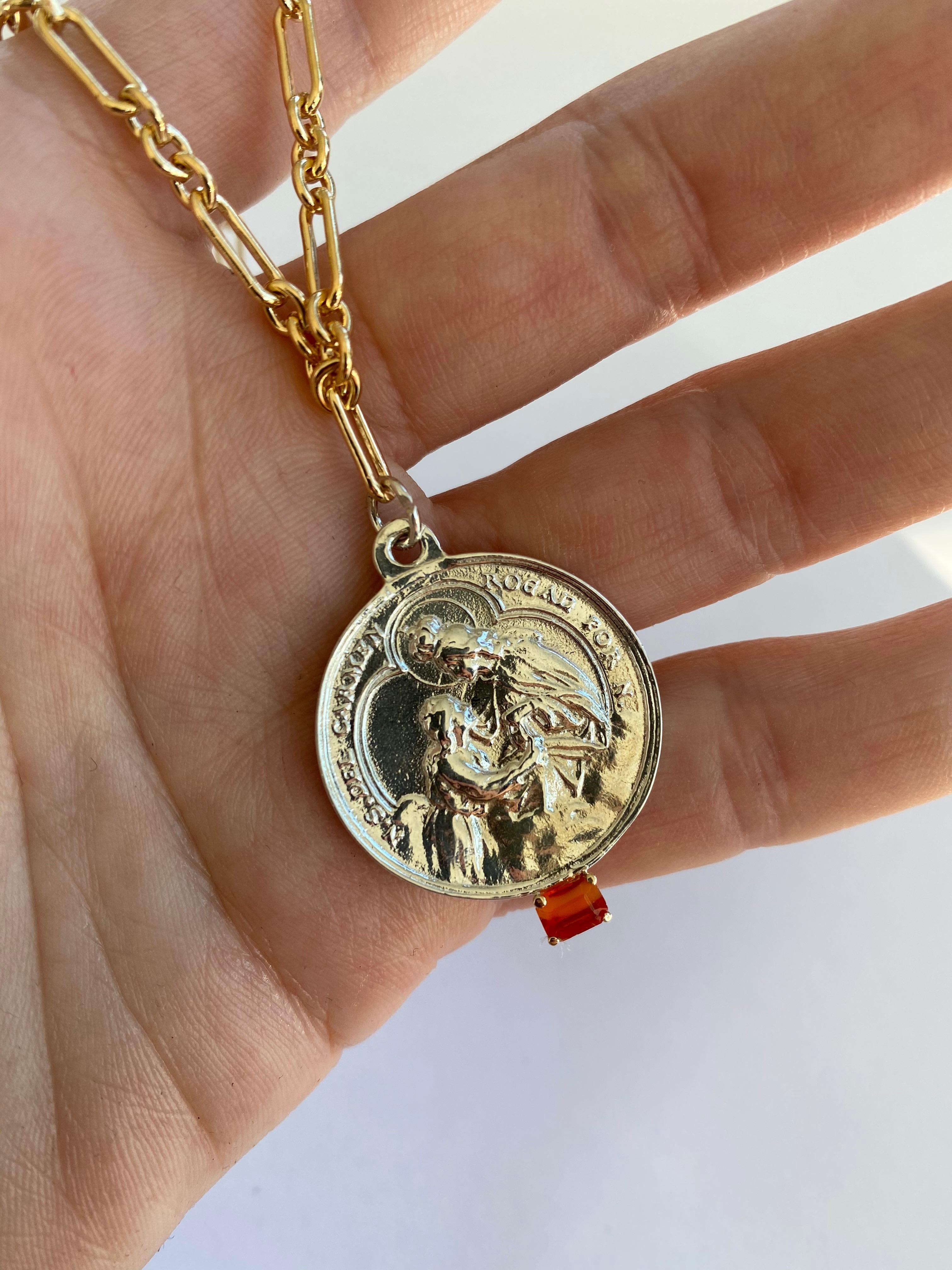 Fire Opal Chain Necklace Virgin Mary Medal Silver In New Condition For Sale In Los Angeles, CA