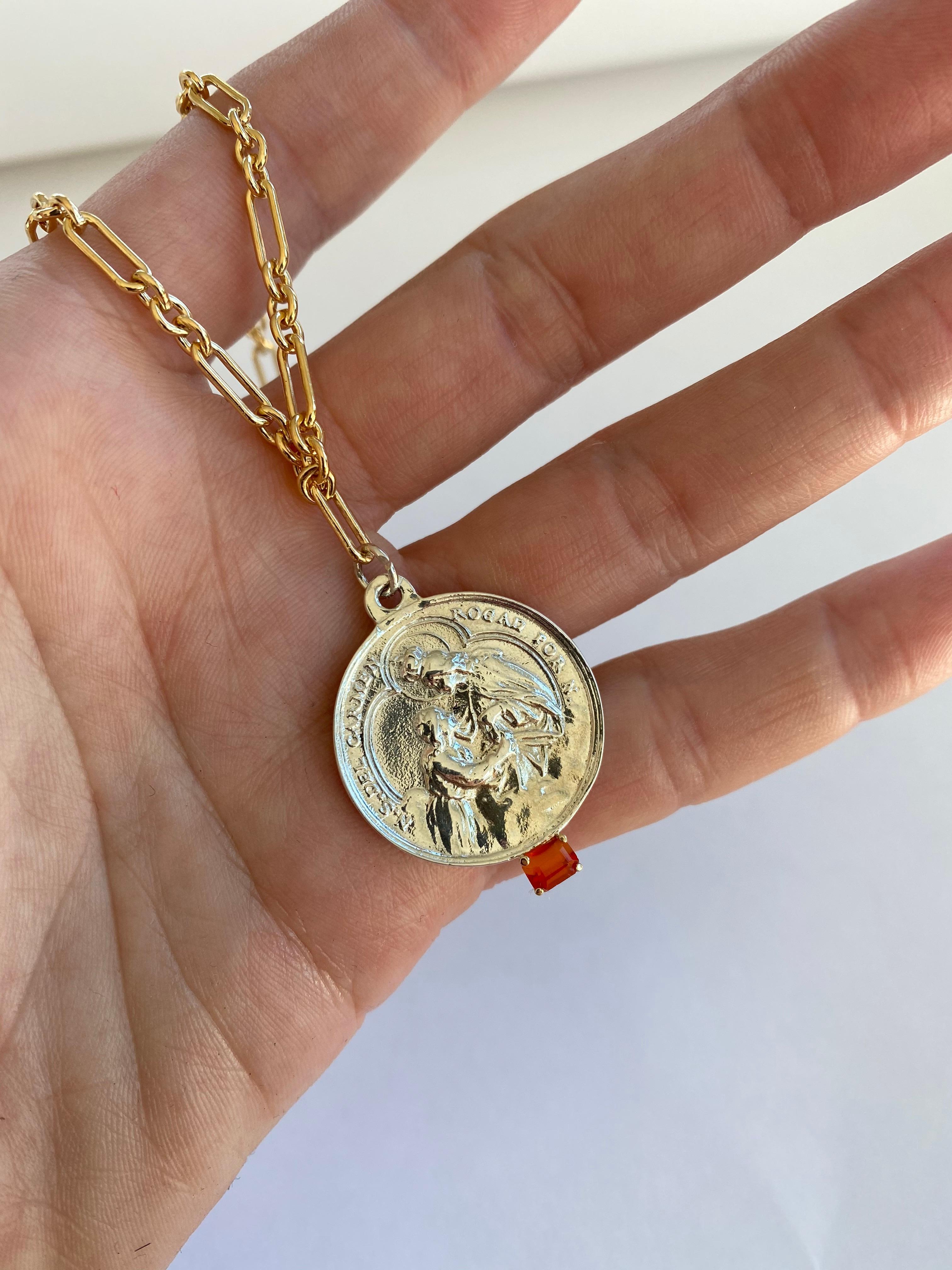 Fire Opal Chain Necklace Virgin Mary Medal Silver For Sale 1