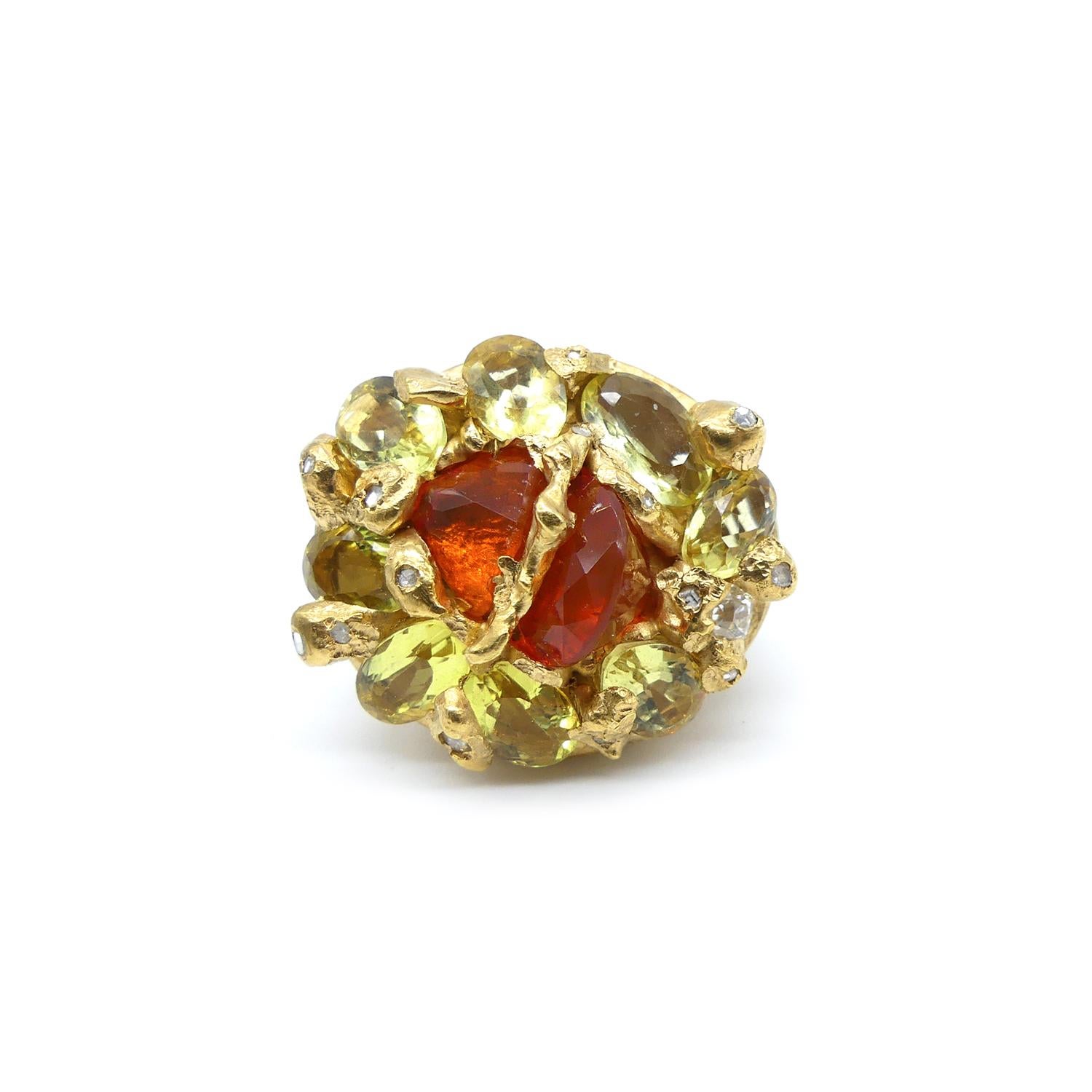 Fire Opal Citrines Diamonds Gold Plated Cocktail Ring

Fire Opal divided in two with 0'32 Carat Diamonds in a Gold Plated Cocktail Ring.

This ring is from the Collection 