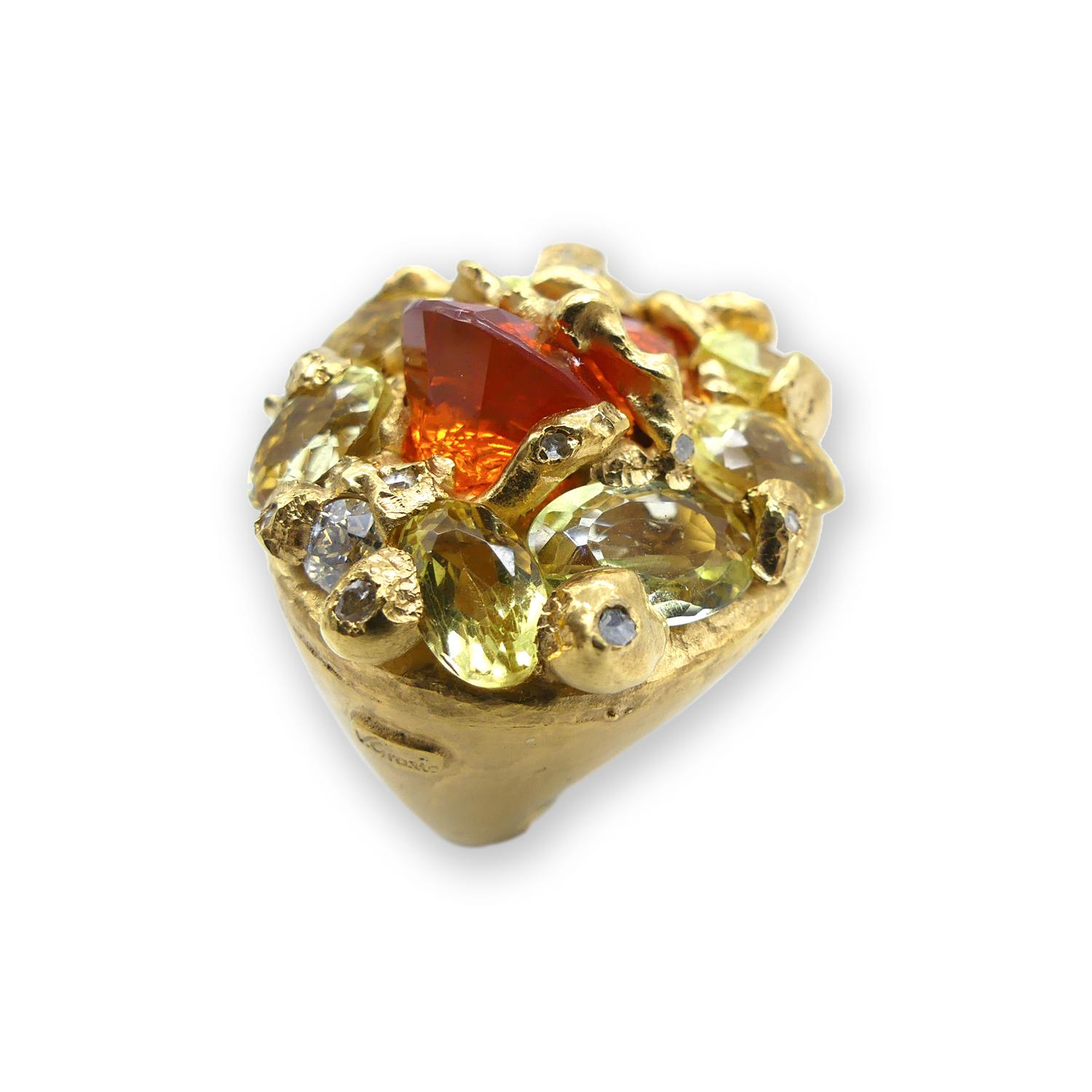 Brilliant Cut Fire Opal Citrines 0.32 Carat Diamonds Gold Plated Cocktail Ring