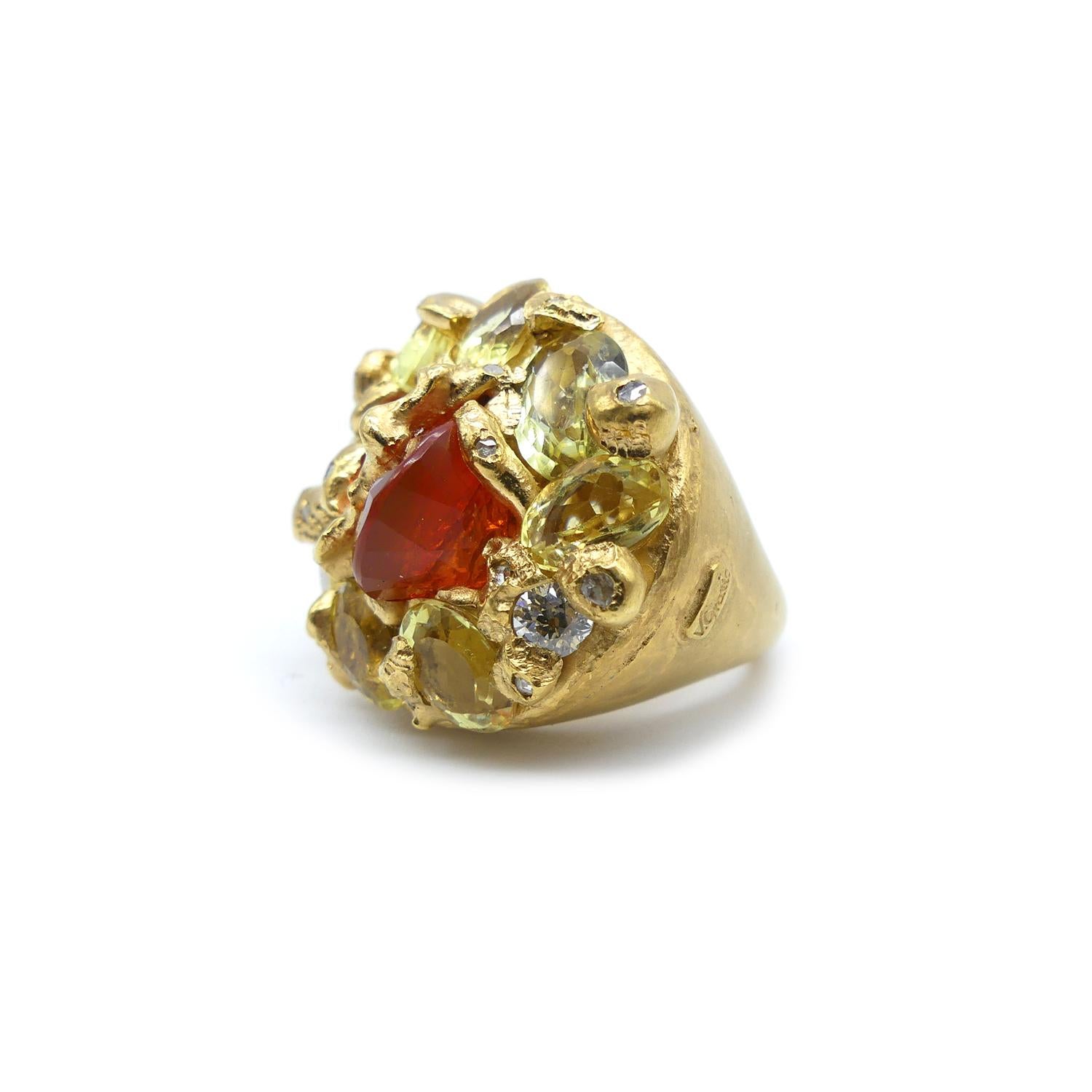 Fire Opal Citrines 0.32 Carat Diamonds Gold Plated Cocktail Ring In New Condition In Valencia, ES