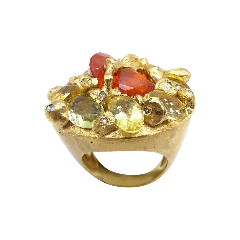 Fire Opal Citrines 0.32 Carat Diamonds Gold Plated Cocktail Ring