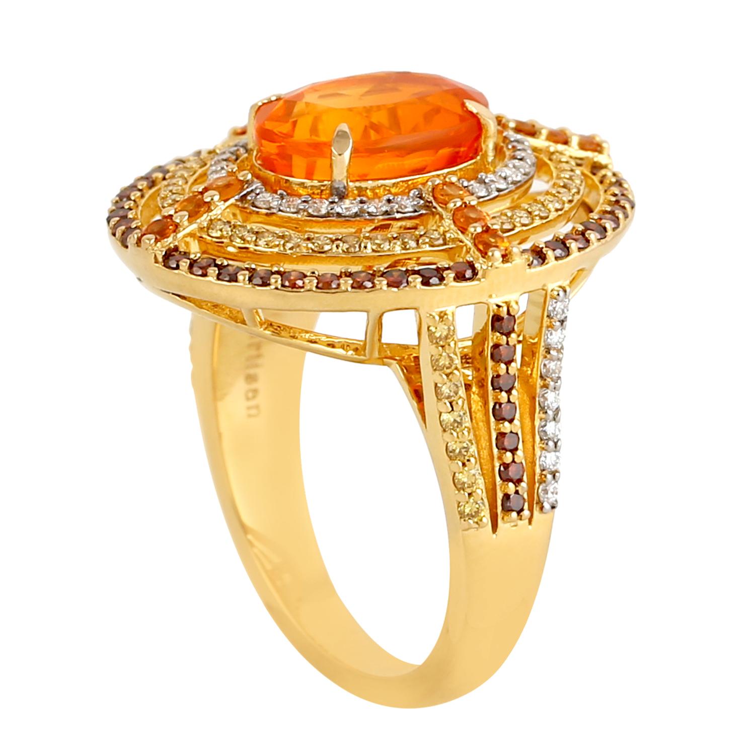 Contemporary Fire Opal Cocktail Ring Surrounded By Mandarin Garnet & Diamonds In 18k Gold For Sale