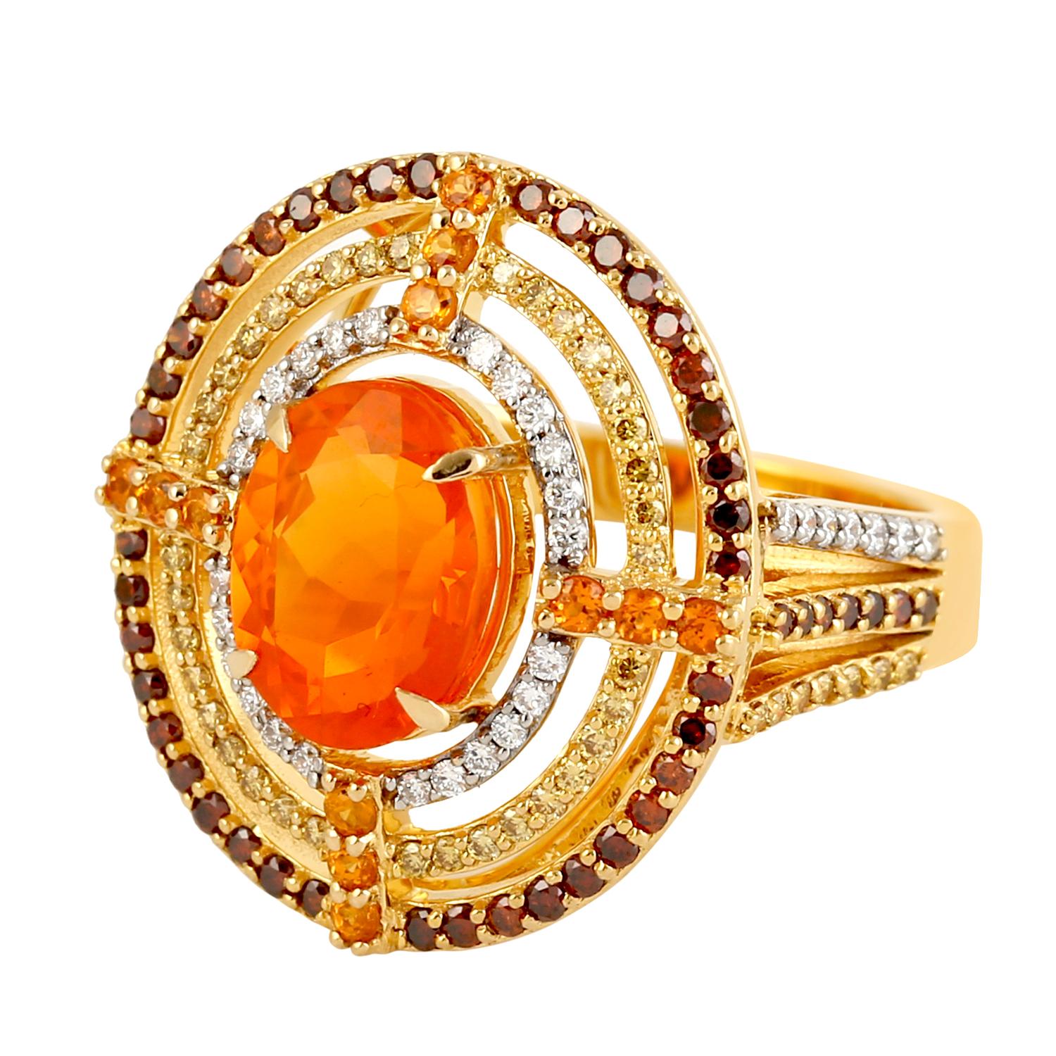 Mixed Cut Fire Opal Cocktail Ring Surrounded By Mandarin Garnet & Diamonds In 18k Gold For Sale